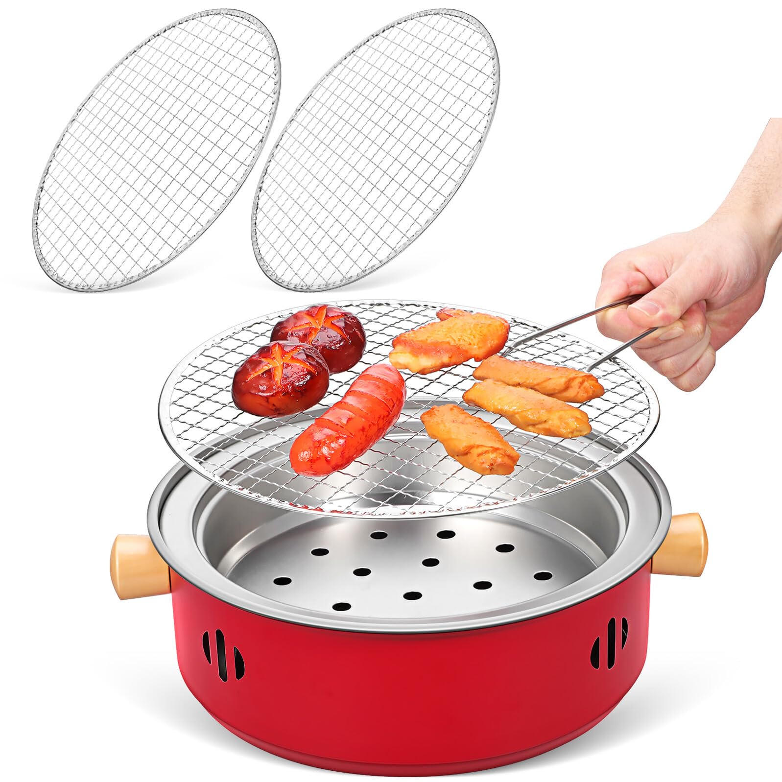 Barbecue Portatile a Carbone in Ferro Manici in Legno Mini Fornello da Tavolo per Esterni e Interni Set Compatto per Campeggio Picnic e Feste in Giardino Griglia Sollevabile e