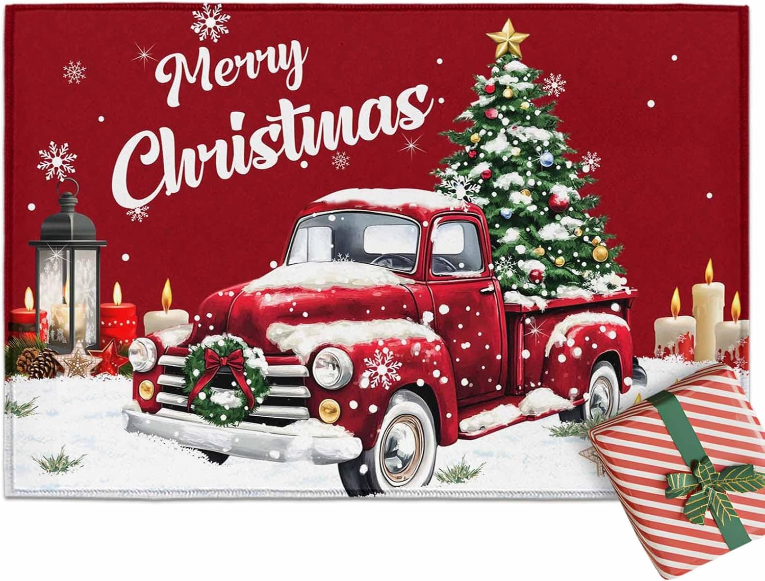 Christmas Entrance Floor Mat Truck Xmas Trees Candle Welcome Doormat Snowflake Stars Red Non Slip Entry Rugs for Bathroom Kitchen Home Front Decor 18x30inch