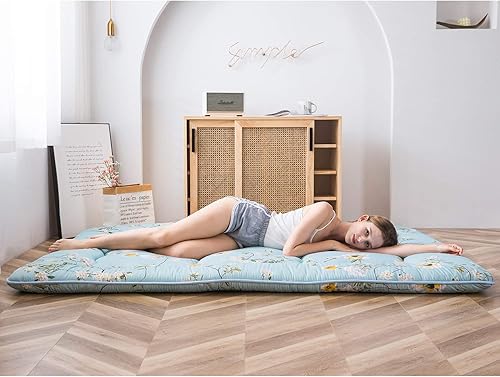 Miniatura 143 de MAXYOYO El mármol negro imprimió el futón japonés, la almohadilla de dormir espesa enrolla el colchón que acampa Mármol negro,Flor 1,floral azul