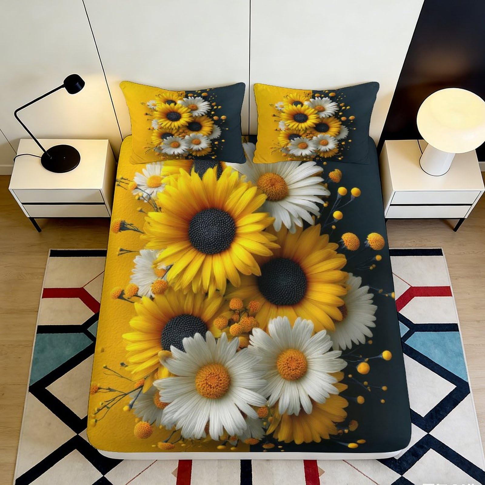 Pnayamiorkfel Style-9 3D Printed Sunflower Daisy Fitted Sheet Microfiber Floral Bed Cover For Bedroom Guest Room Mattress Protection Decor 90X200x25cm