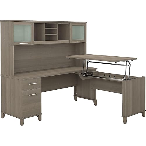 Bush Furniture Somerset 3 Position Sit to Stand L Shaped Desk with Hutch in Ash Gray Ergonomic Height Adjustable Standing Computer/Laptop Table for Home Office