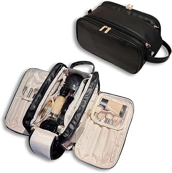 Travel Toiletry Bag for Women Men, Large Travel Toiletry Organizer Makeup Bag, Hanging Cosmetic Bag dopp kit Leather skin care Waterproof Shaving Bag for Toiletries Accessories black