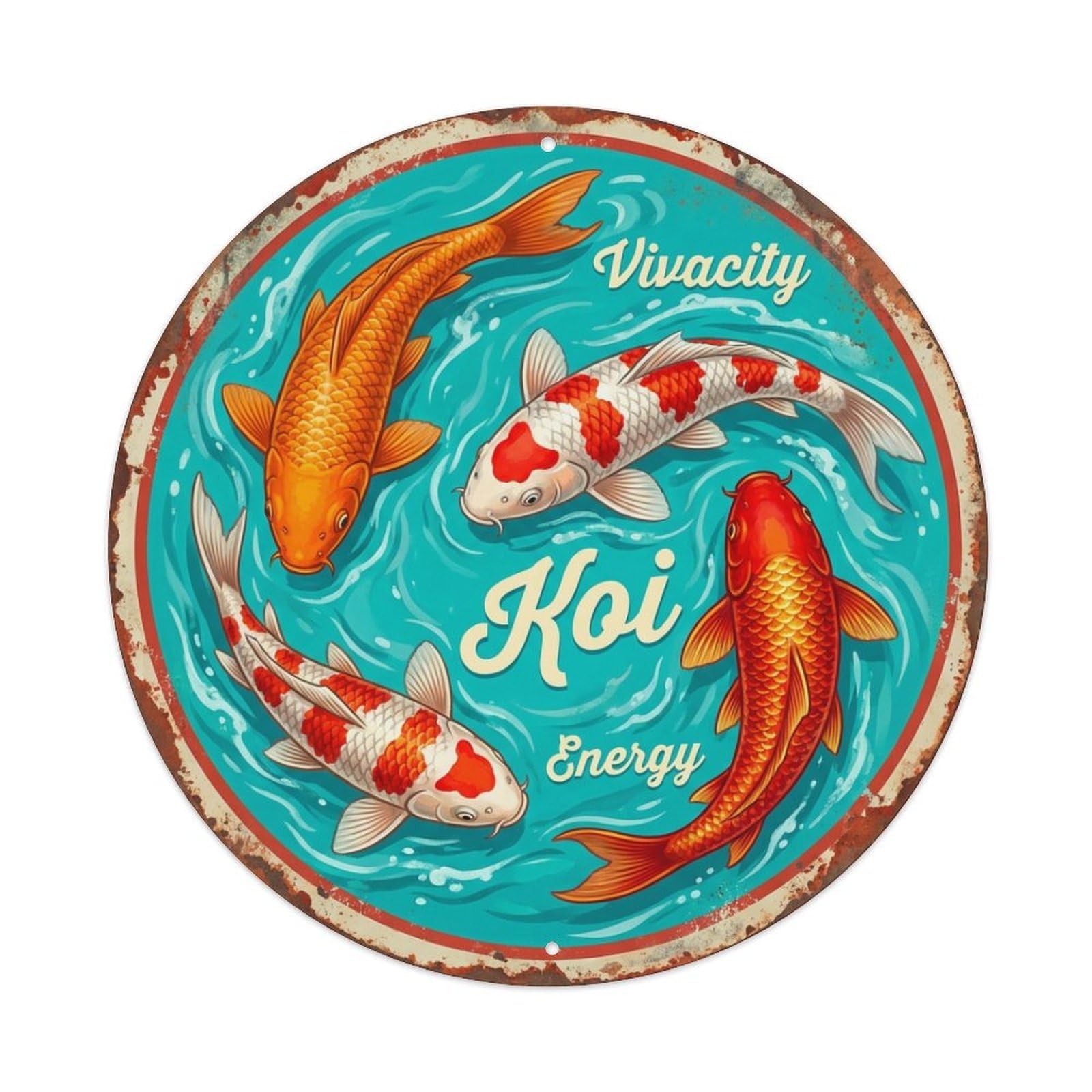 Fyrn Style Metal Tin Sign Koi Fish Energy Liveliness Japan Vintage