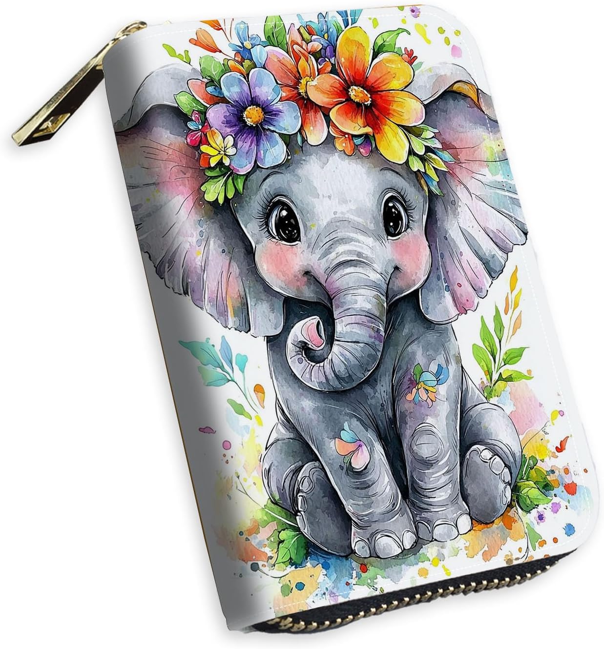 Small Credit Card Case Wallet for Women, RFID Blocking Mini Slim Leather Card Holder Wallet, Purple Baby Elephant, Pocket Business Card Case with Zipper Card Holder