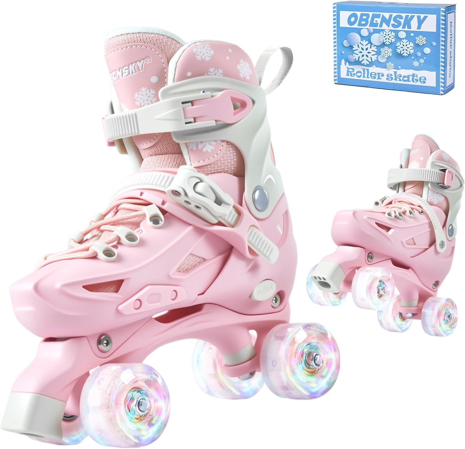 Kids Roller Skates for Girls Boys Ages 4-6 5-8 6-12 8-12, 4 Adjustable Sizes Skates Shoes with All Light up Wheels, Patines para Niñas, Birthday Gift for Indoor Outdoor, Pink & Blue