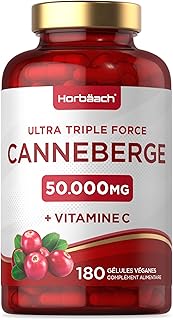Cranberry Gelules 50000 mg avec 200mg Vitamine C | Extrait de Cranberry Haute Résistance avec Vitamine C | 180 Vegan Gélules de Poudre | par Horbaach