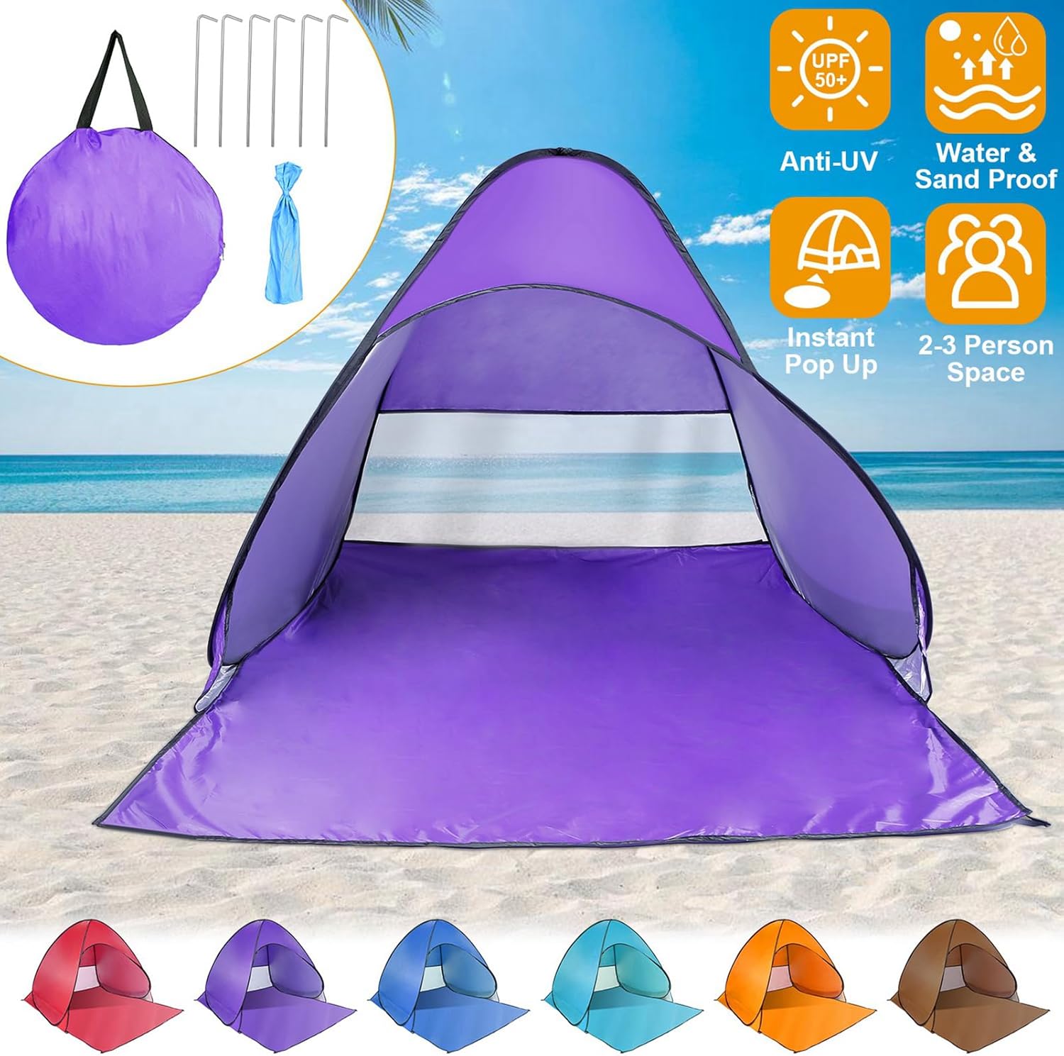 KOCASO Pop Up Beach Tent for 2-3 Person, UPF50+ Anti-UV Sun Shelter w/Storage Bag Purple
