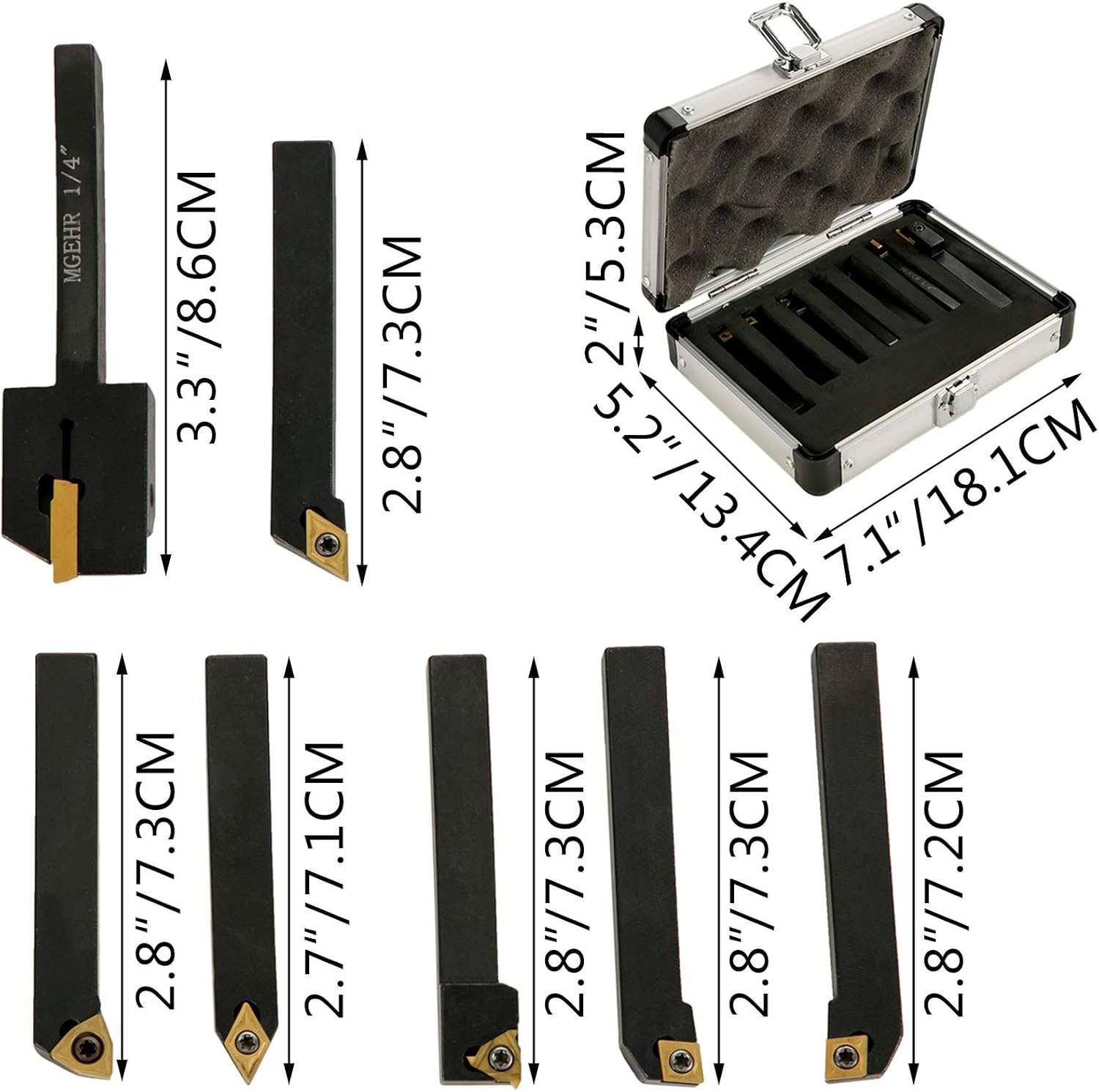 BestEquip Indexable Carbide Tools 1/4" Industrial Lathe Tools 7Pcs/Set Turning Tool Set Super-hard 40cr Mental Lathe Tools Inserts Carbide Tool Holder for Lathe in Black with Portable Case - - 