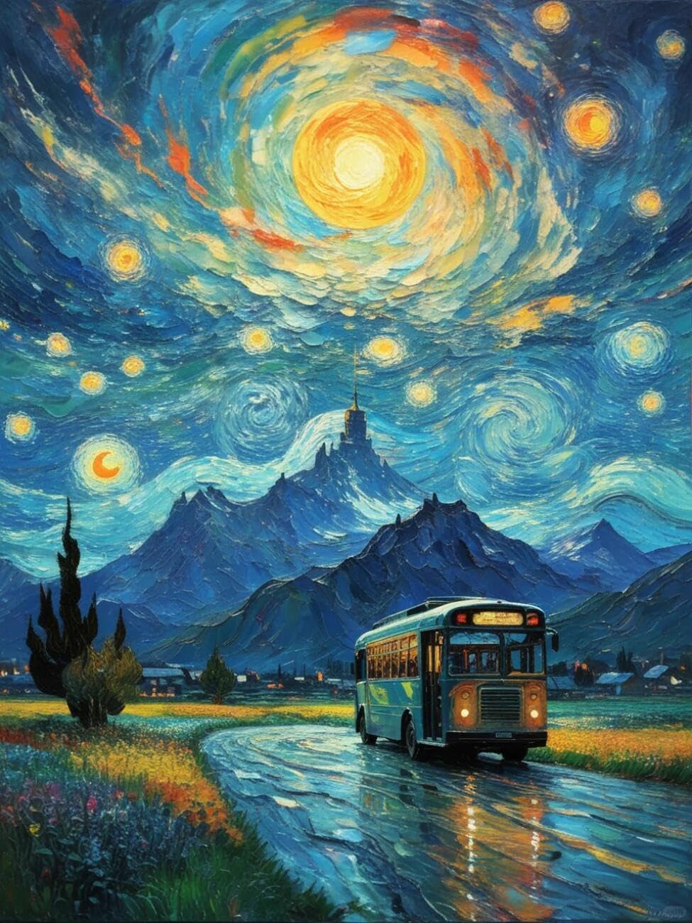 Henypt Cross Stitch Kits Night Bus Landscape DIY Needlepoint Set for Beginners The Elderly with Accessories Home & Leisure/Gifts 14CT 60x80cm