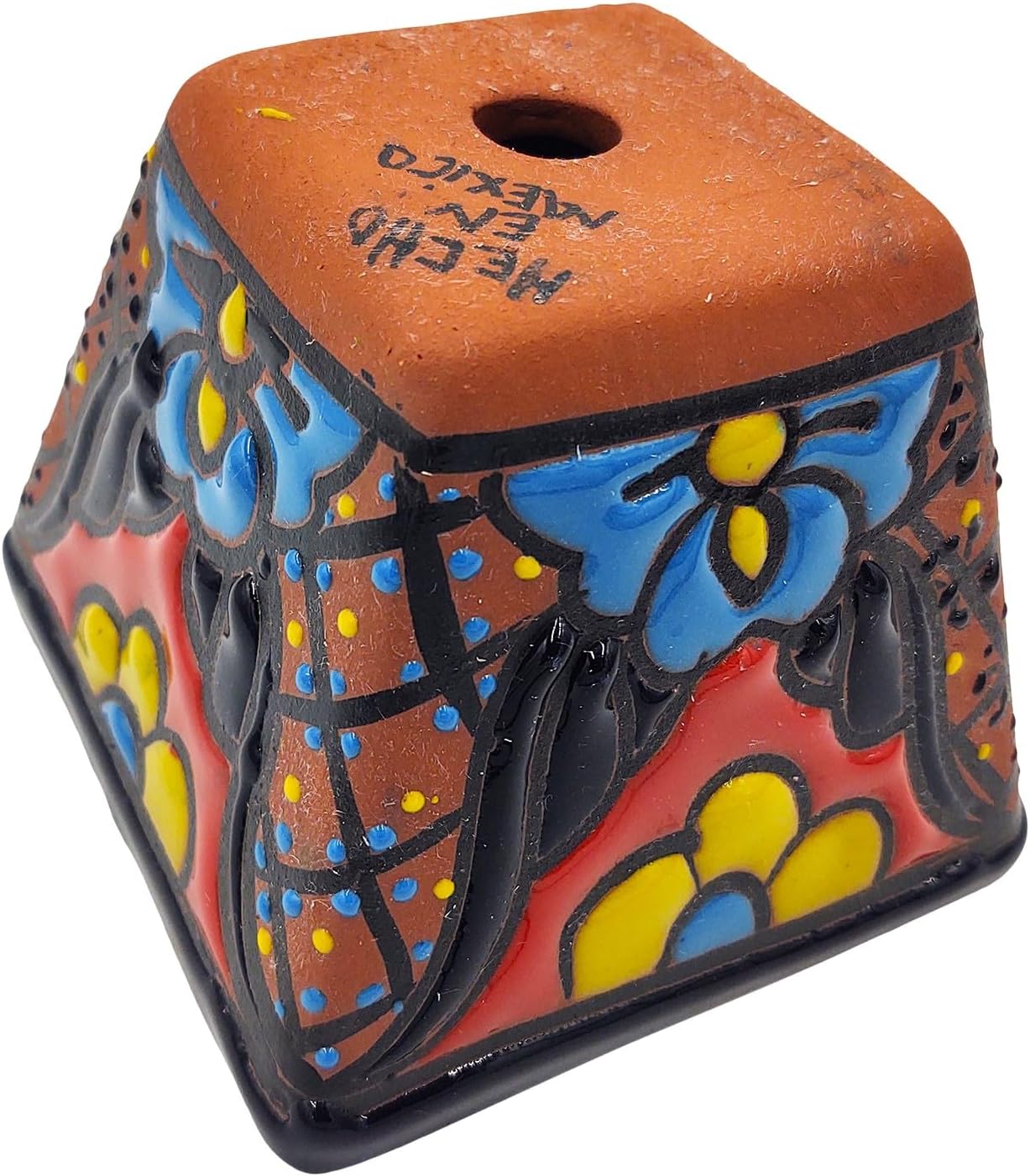 Cactus Canyon Ceramics Small CUADRITA Mexican Talavera Planter Pot (4.5" D x 4.5" W x 4" H) Hand Painted - Dark Blue Trim - Mexican Decor Planter
