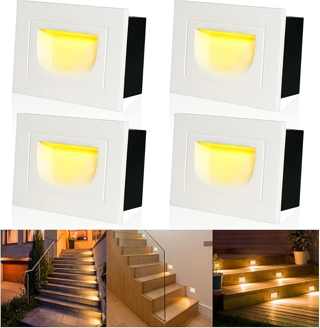 3W LED Wall Recessed Stair Lights Warm White,Square White Led Step Lights with Aluminum,IP65 Waterproof Outdoor Staircase Light for Garden Kitchen Corridors Patio(4 Pack)