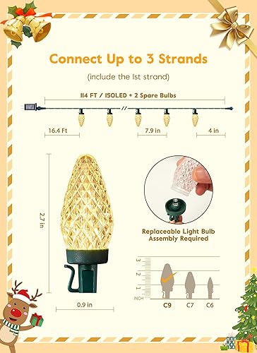 Miniatura 7 de Brightown Luces de Navidad C9 para exteriores, 114 pies, 150 luces LED de color blanco cálido con temporizador, 8 modos, enchufable, certificación