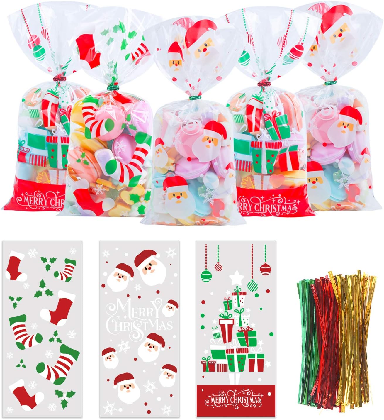 SULOLI Christmas Bags for Sweets,120 Pack Christmas Plastic Bags for
