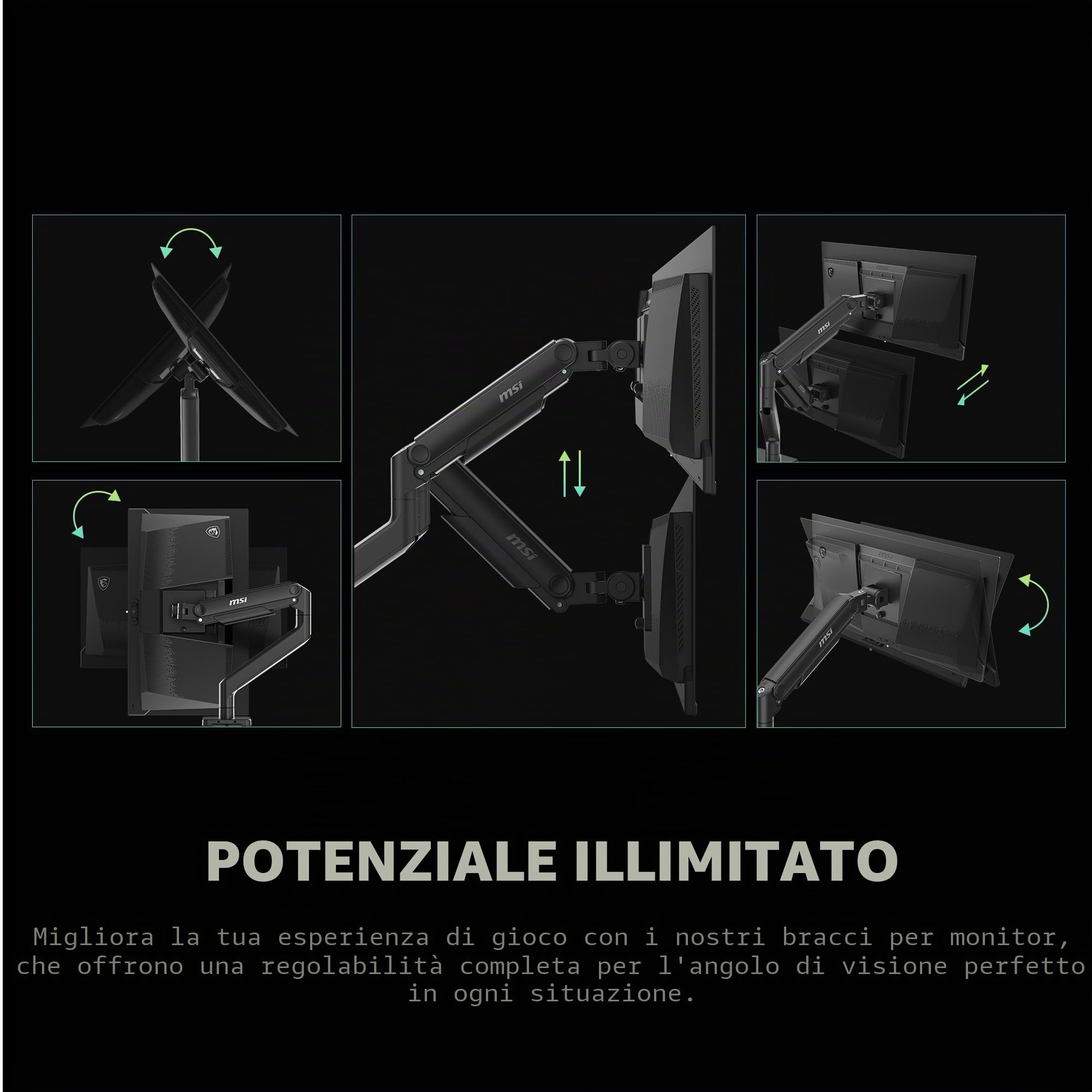 MSI MAG MT201 - Braccio di supporto per monitor singolo, resistente e di alta qualità, supporta schermi da 17 a 49 pollici e 20 kg, compatibile con VESA, supporto regolabile con molla a gas, morsetto