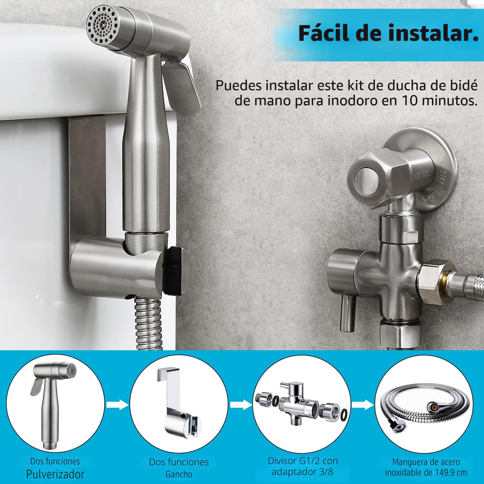 Bidet Handbrause Set, Premium Doppelfunktion Edelstahl Gebähet Bidet Handbrause mit G1/2" T ventil und eine G3/8" Adapte, für Dusche Badezimmer Hygiene Toilettenpapier Windelreinigung