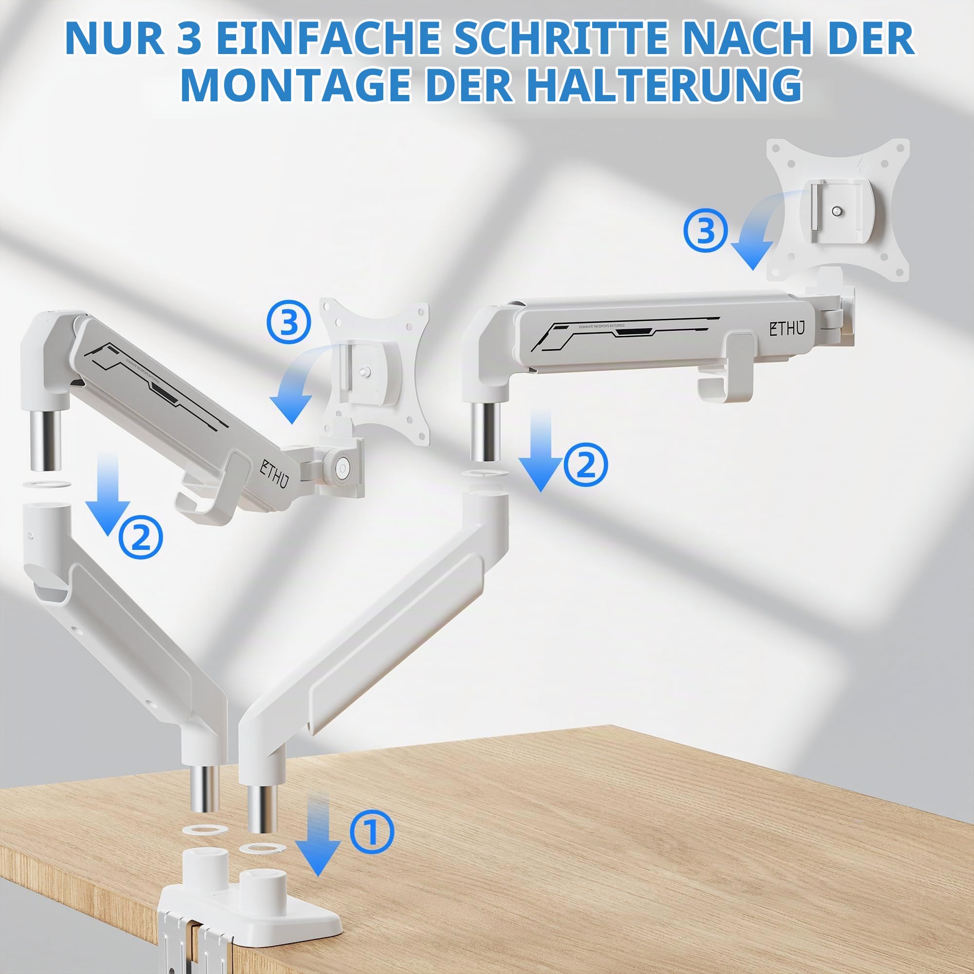 ETHU Heavy-Duty Dual Monitor Arm 14 kg, Monitor Halterung 2 Monitoremit Gasdruckfeder für 17-40 Zoll, Voll Verstellbare Bildschirmhalterung mit Ergonomischem Design, VESA-Schreibtischständer, Weiß