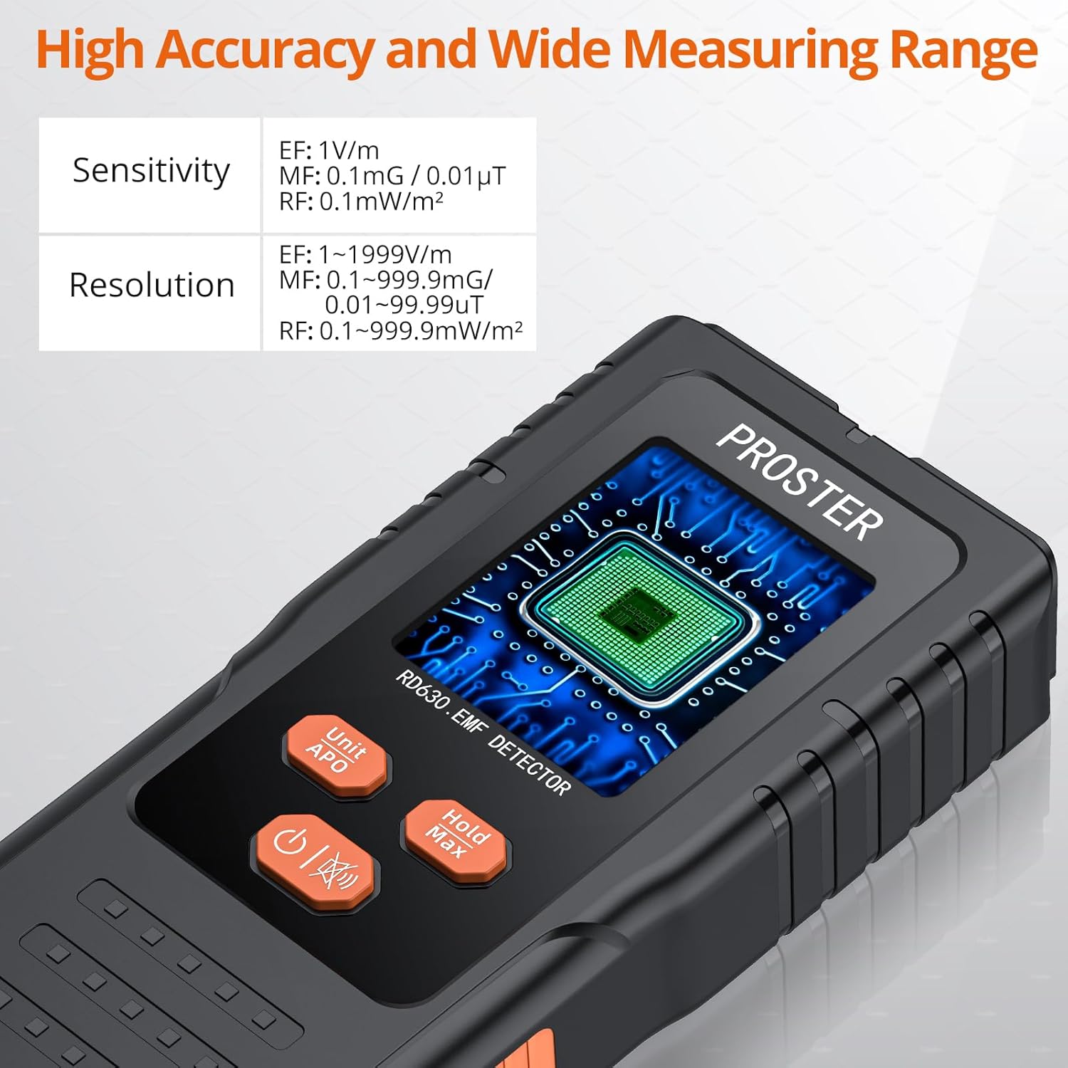 Diagram illustrating the high accuracy and wide measuring range specifications for the Proster RD630 EMF Detector, detailing sensitivity and resolution for EF, MF, and RF.
