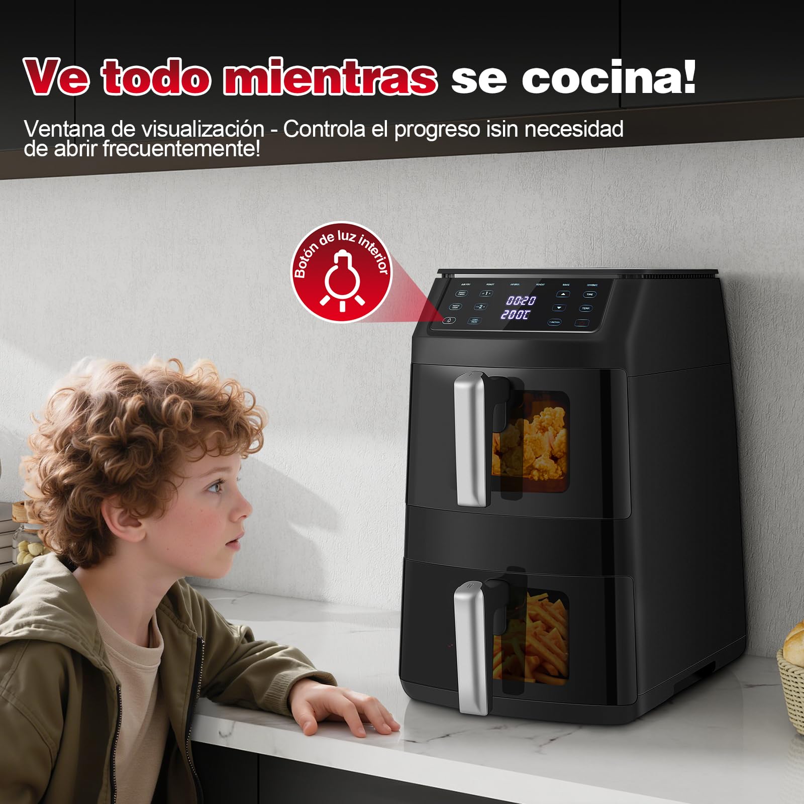 TopStrong Double Stack Freidora de aire, 11 L Air Fryer Doble Cesta Vertical, 40℃-220℃, 6 Funciones de Cocción & 8 Programas Preconfigurados, Ahorrar Espacio, 2500W (Negro Ventana)