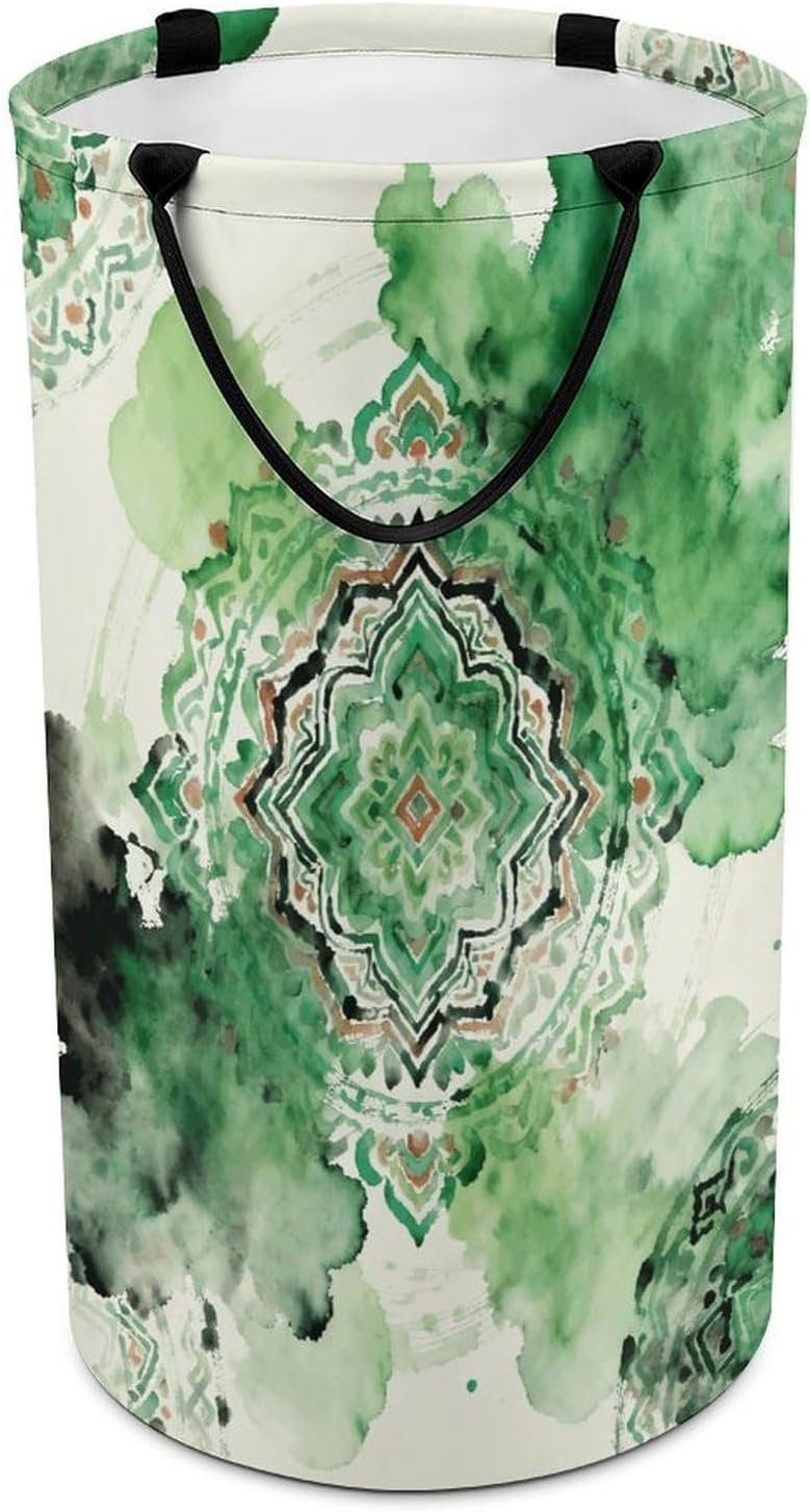 -green Ethnic Print Laundry Hamper with Handles Waterproof Collapsible Laundry Basket Large Lightweight Round Dirty Clothes Hamper for Home Dorm Bathroom Decor