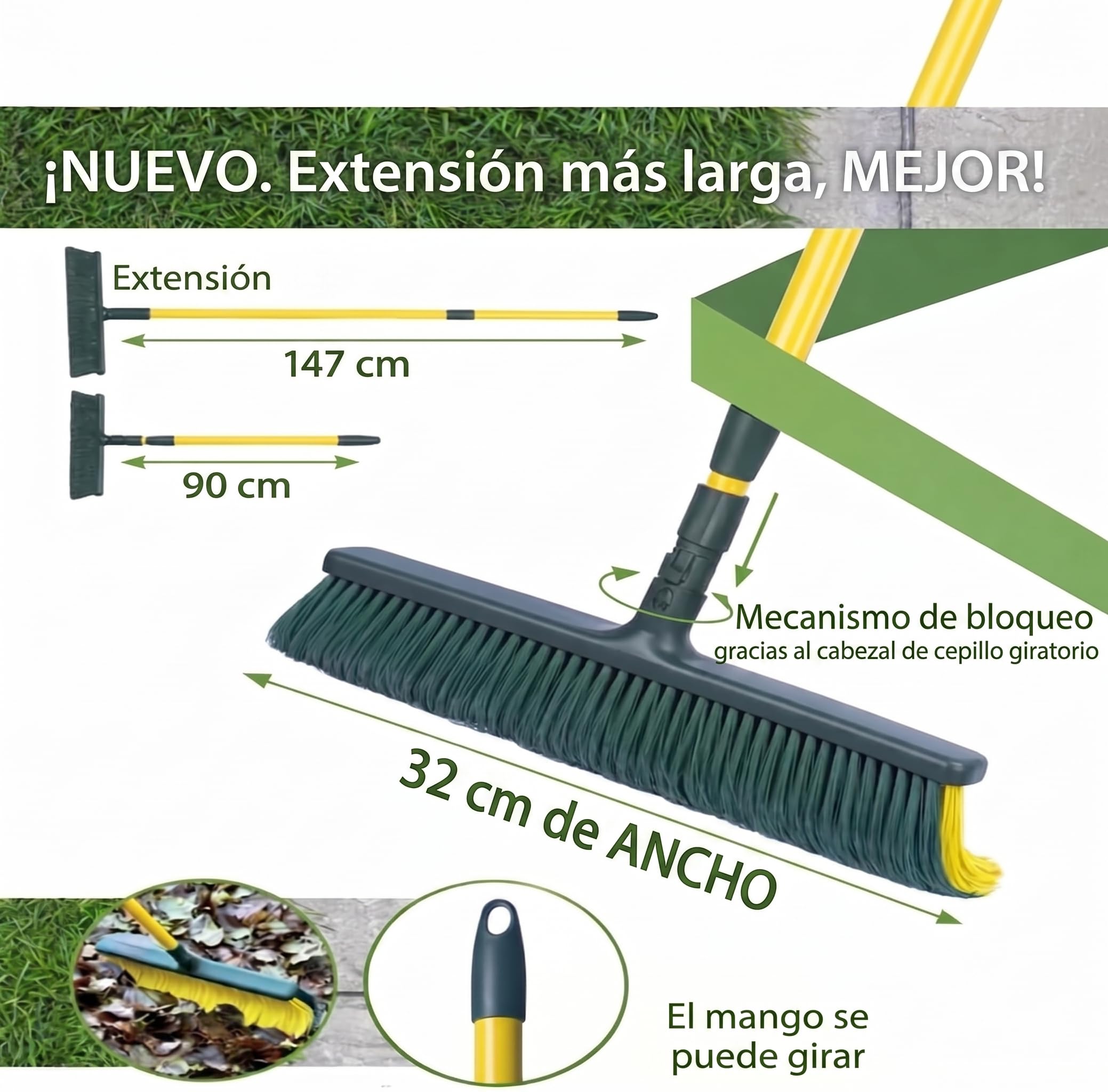 Cepillo Césped Artificial con Palo Extensible, con Mango. Barredora Cesped Sintetico. Escoba o Rastrillo Cesped Sintético con Mango. Ideal Accesorio De Jardin.