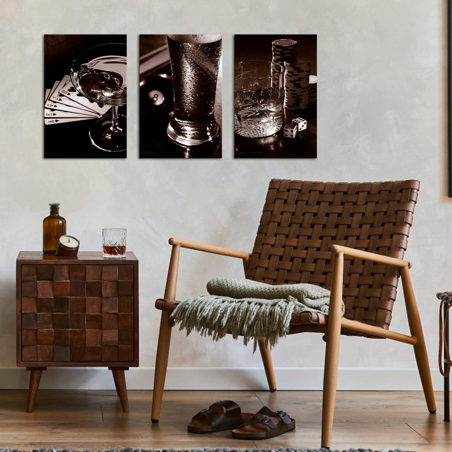 Artsbay Whisky Liquor Wall Art Black Painting Picture Still Life Poker for Bar Pub Kitchen Room Decor Ready to Hang 16" W x 24" H x 3PCS