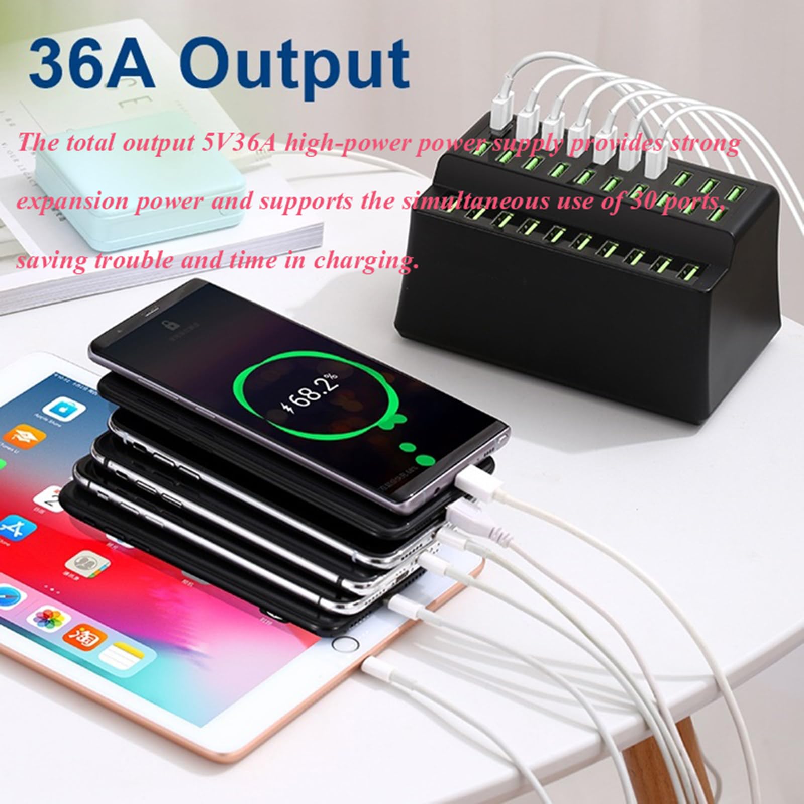 Caricabatterie multiplo USB da 180 W, stazione di ricarica USB 60 multiporta compatibile con IOS Android, per telefoni cellulari, computer