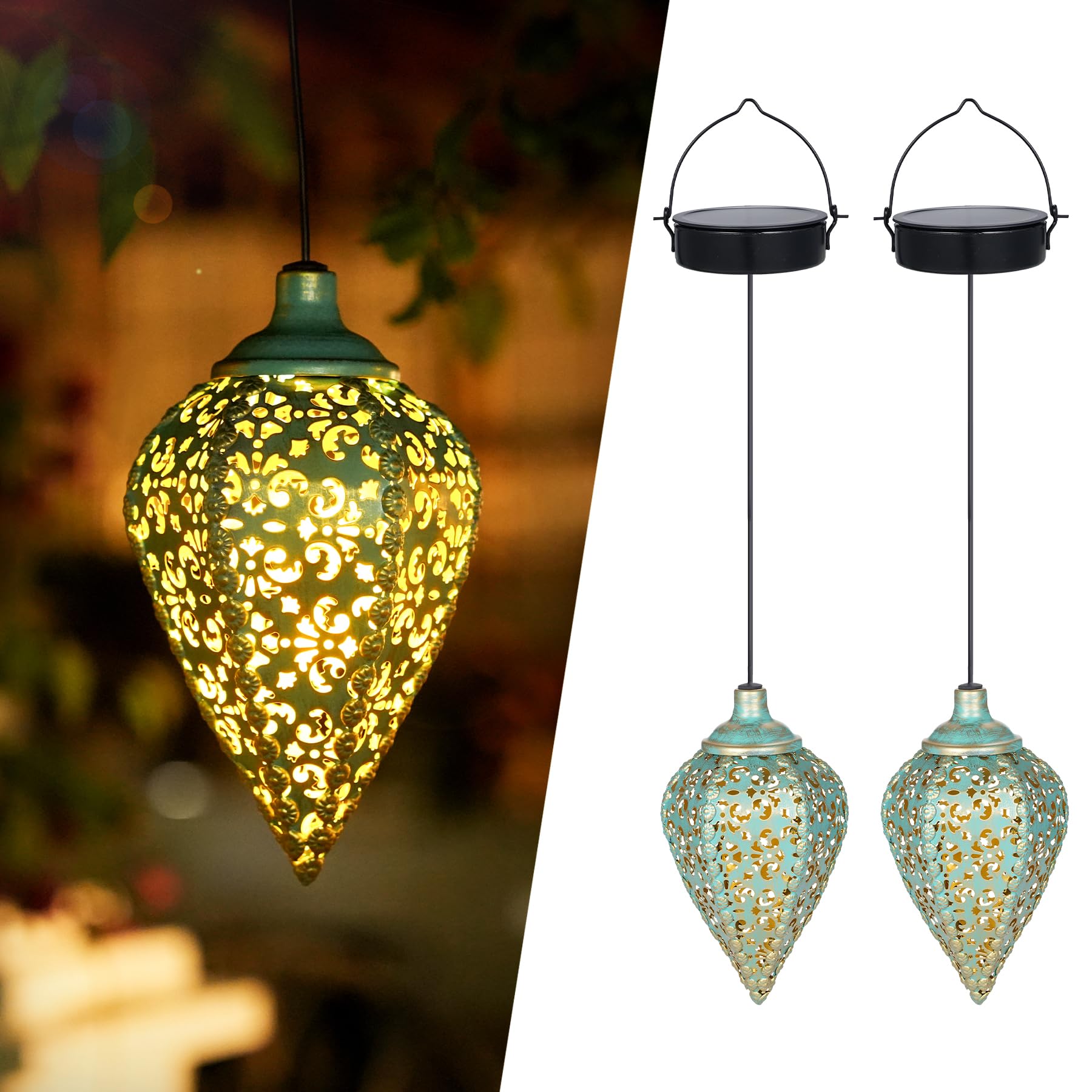 Solarlaternen für Außen Hängend 2 Stück, IP65 Wasserdicht Solar Laterne für Draußen, Metall LED Solarlampen für Außen Garten Hängend Orientalische deko Balkon Terrasse Patio Weihnachten