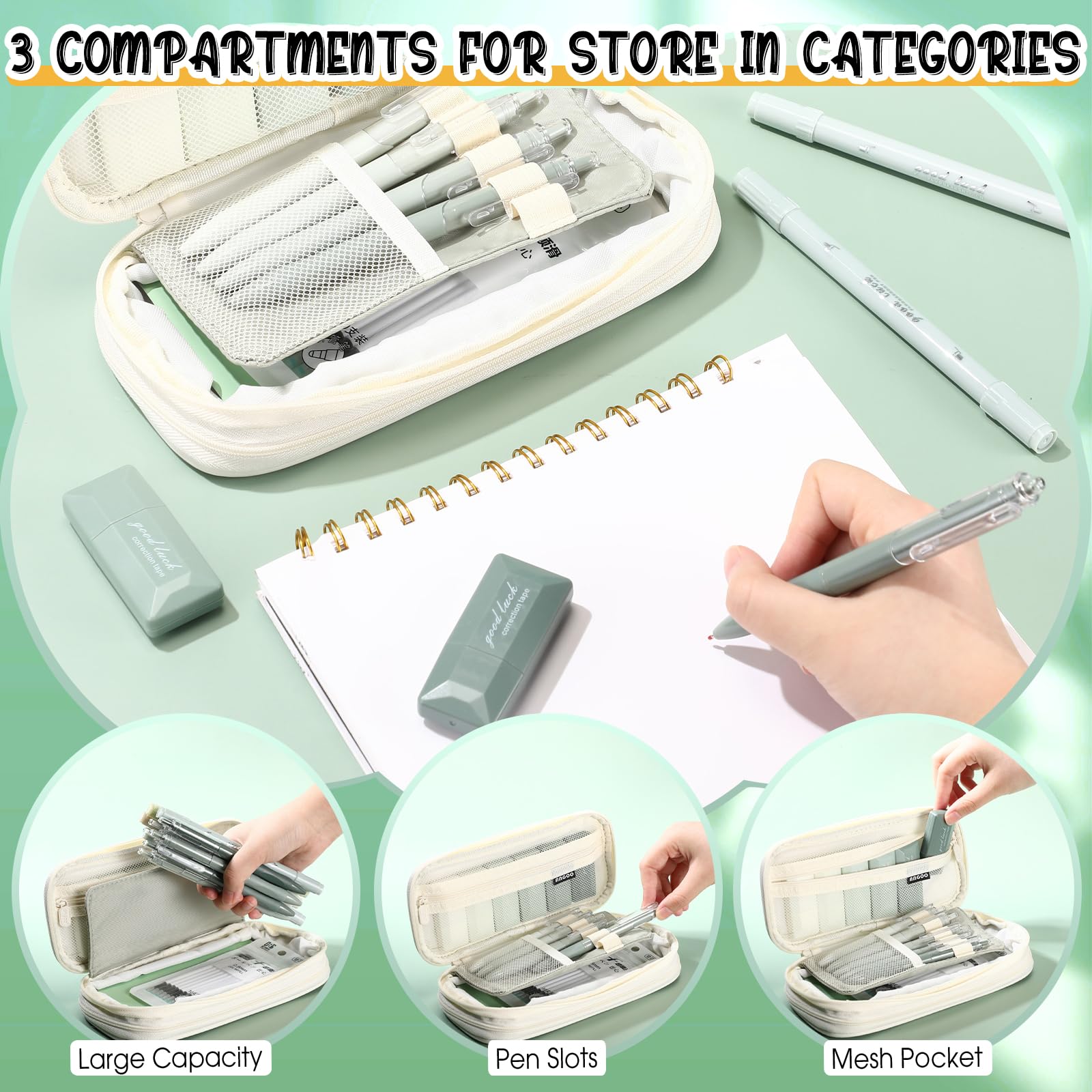 38 piezas de suministros escolares estéticos universitarios con estuche para bolígrafos, notas adhesivas, bolígrafos de gel, subrayadores, cintas correctoras, kit de papelería para el regreso