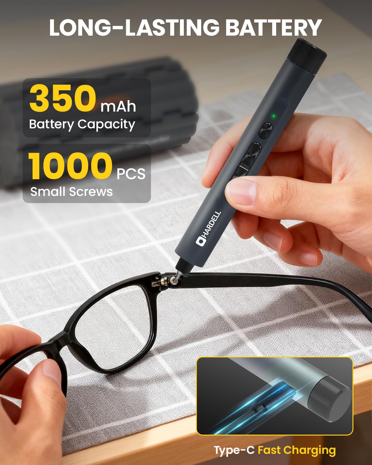 Cacciavite elettrico, HARDELL mini cacciavite elettrico 4 V con 123 accessori per cacciavite, max 0,4 N.m, 350 mAh, 5/32 '', kit di riparazione di precisione per elettronica, telefono, fotocamera