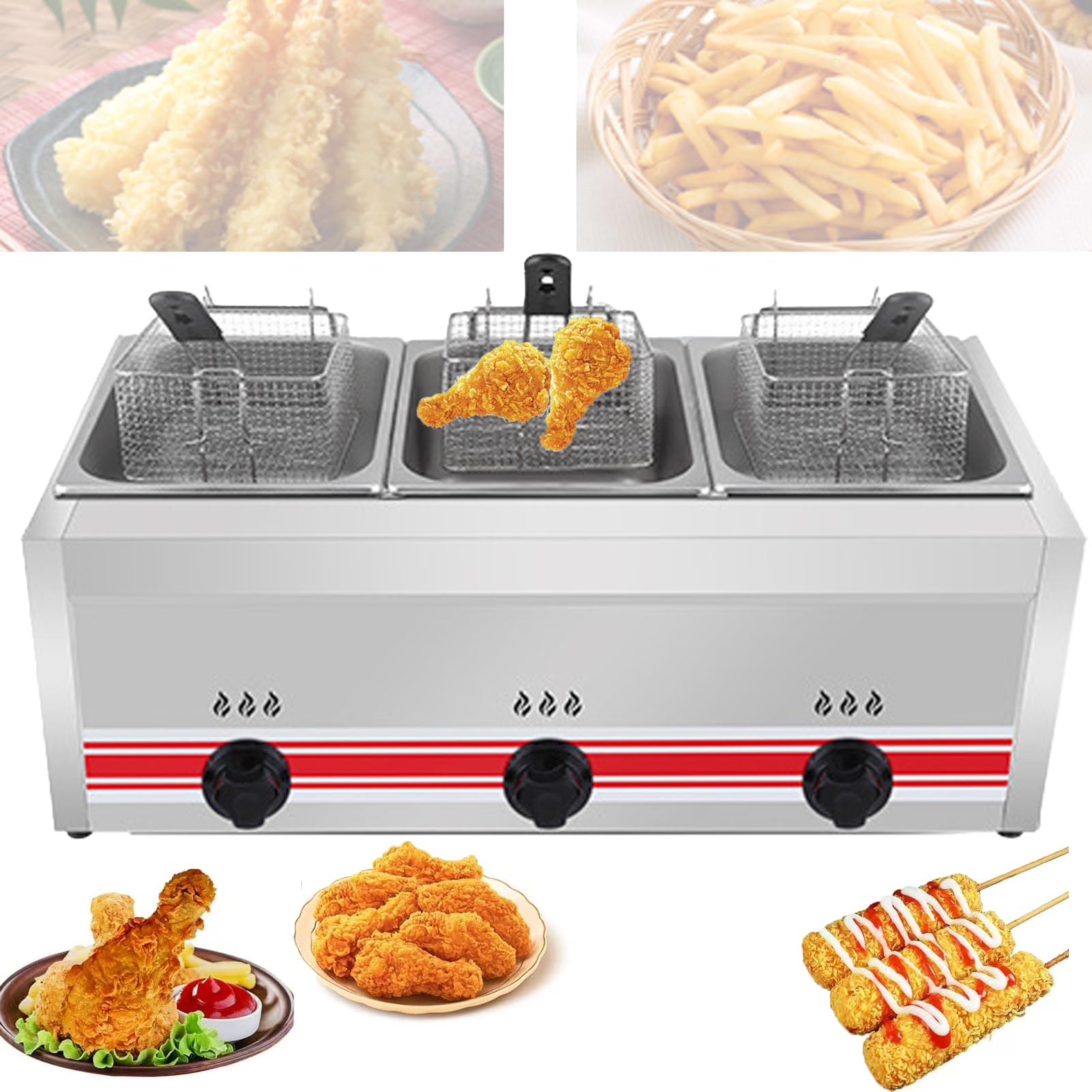 Commercial Gas Deep Fryer,Thickened Stainless Steel Countertop Oil Fryer, Large Capacity With Temperature Control,Double Fryer For French Fries Turkey Donuts (B)