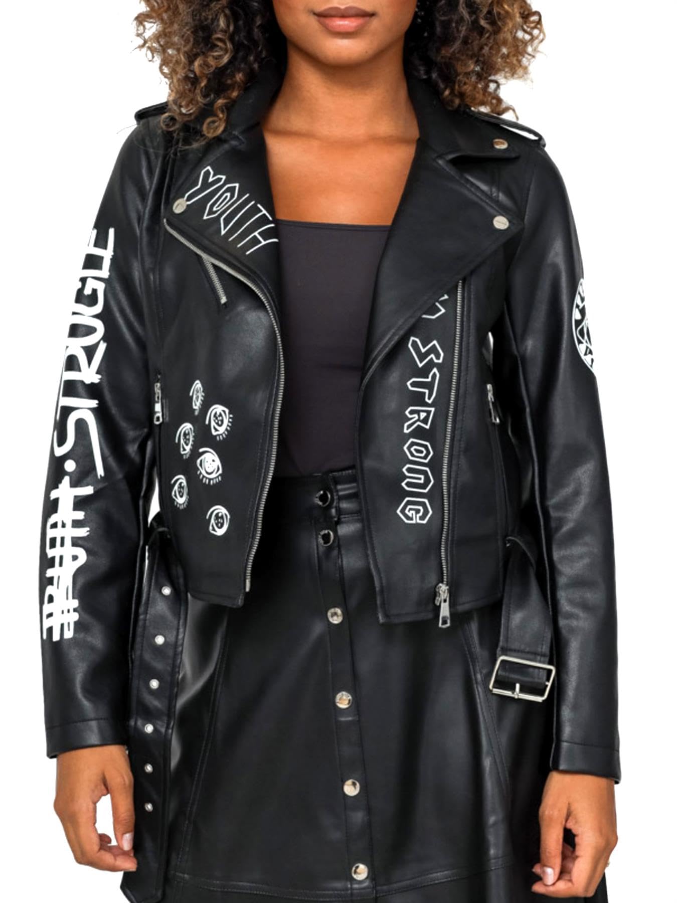 Ss7 Women's Black Faux Leather Graffiti Biker Jacket Rocker
