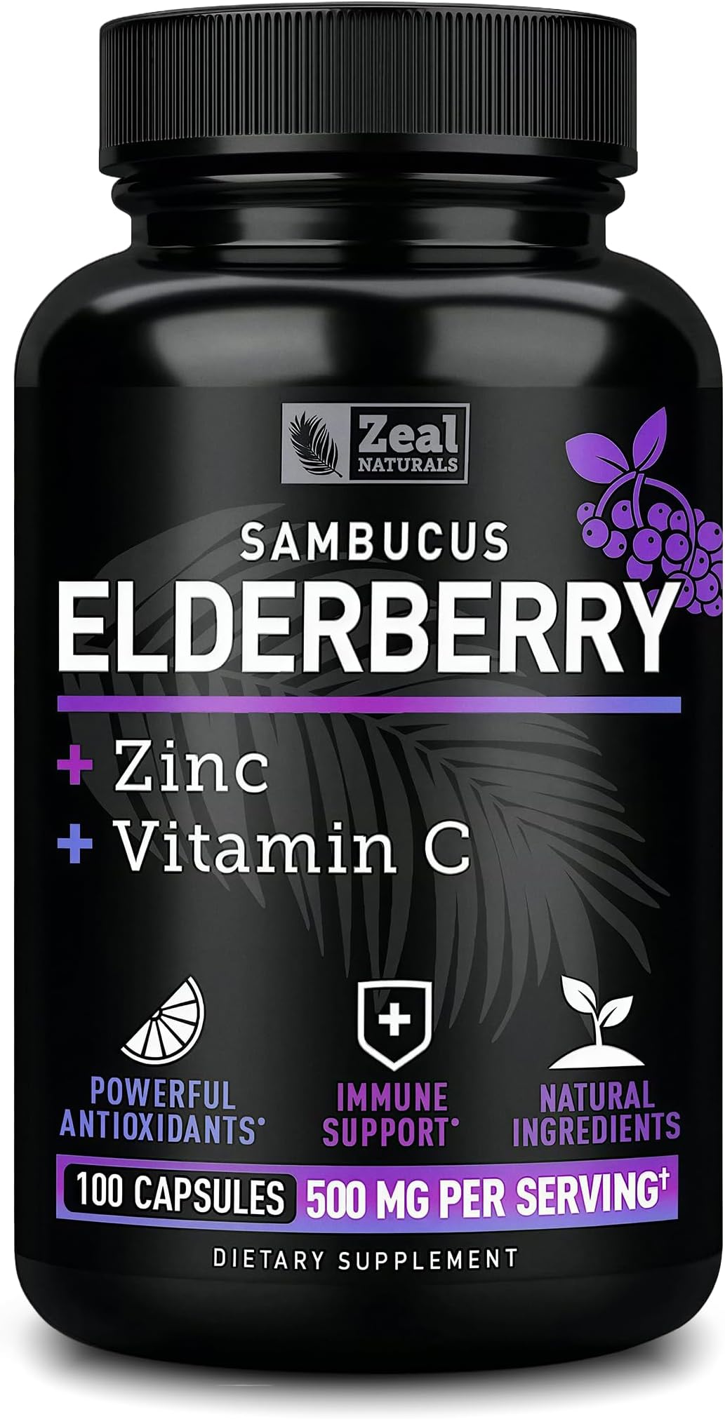 Max Strength Elderberry Capsules + Zinc + Vitamin C | 500mg for Immune System Support with Black Sambucus Elderberry | 100 Count | 3-in-1 Immune Support for Adults