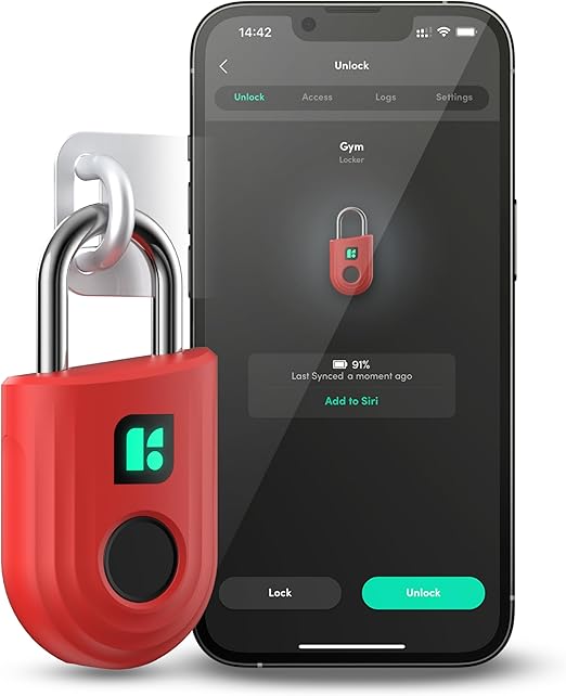 igloohome Padlock Lite Red Keyless Fingerprint Padlock with Mobile App (iOS, Android) – Water Resistant for Lockers, Homes, and Storage Spaces (Type-C Rechargeable)