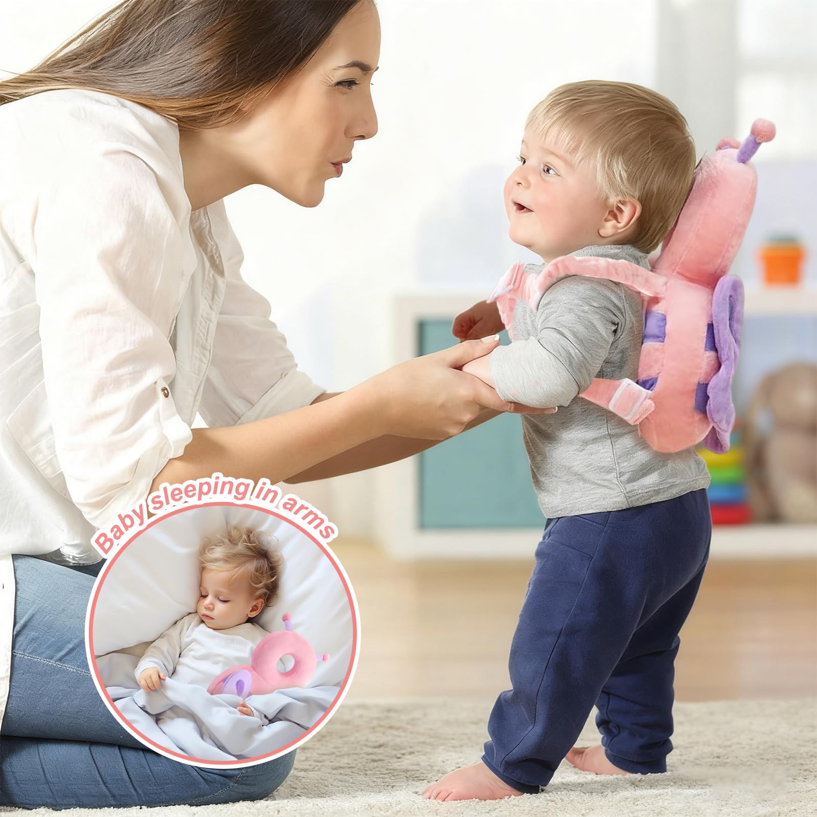 Zaino protettivo per la testa del bambino, cuscinetti di sicurezza regolabili per imparare a camminare, zaino per protezione della testa per bambini da 4 a 24 mesi che gattonano, farfalla in peluche