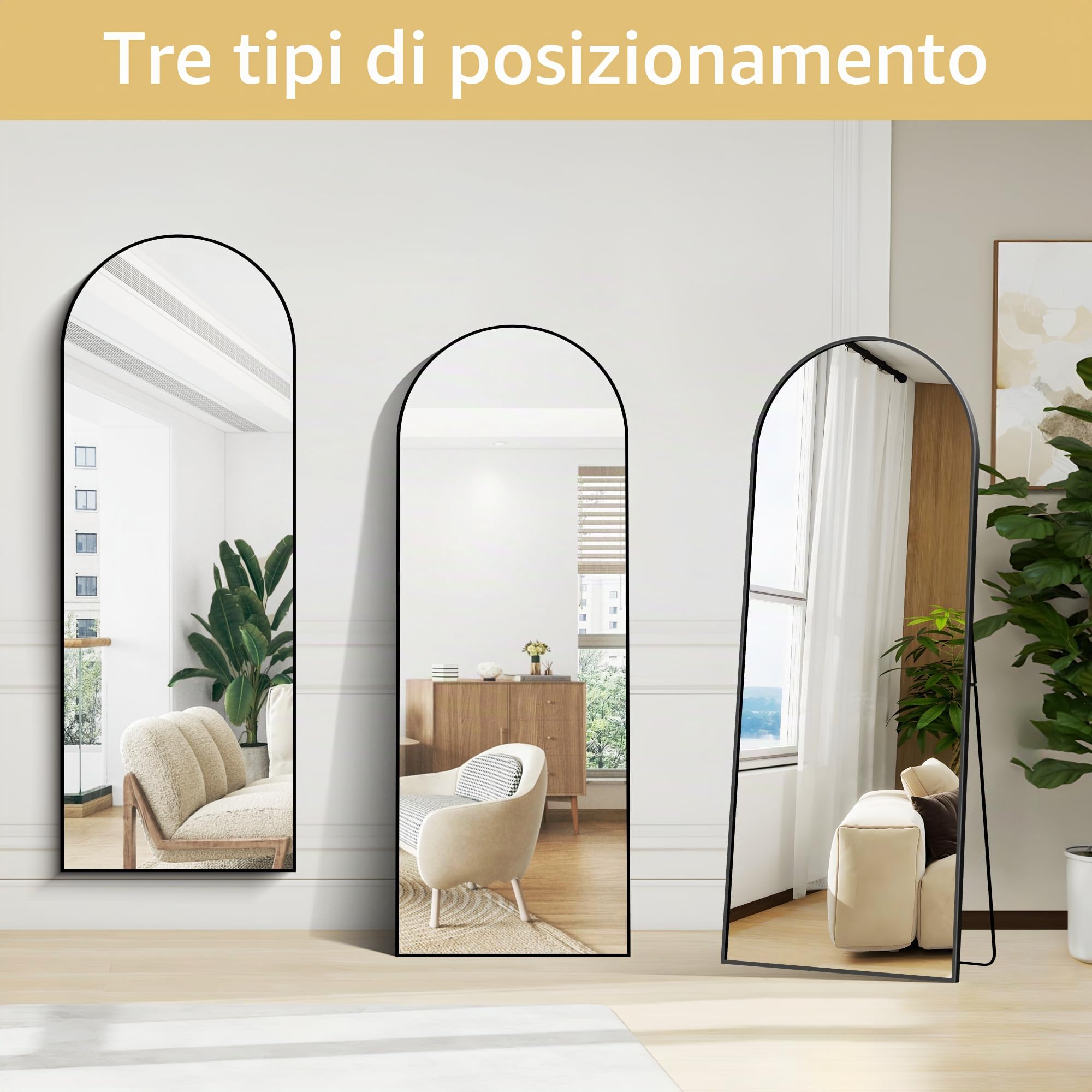 BONEWEI Specchio da Terra ad Arco, 165 x 60 cm Specchio da Parete Grande con Cornice in nero Alluminio, Specchio da Terra da Appoggiare o Appendere per Soggiorno, Camera da Letto, Ingresso