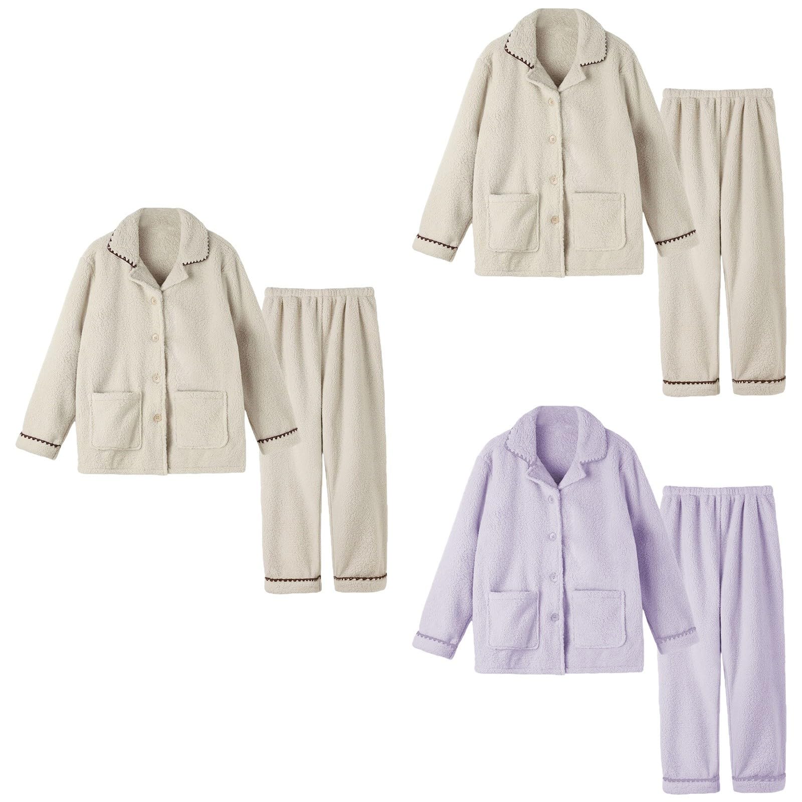 Pigiama da donna, tinta unita, in pile corallo, set di pigiama con bottoni, colletto rovesciato, pigiameria e pantaloni da pigiama, 2 pezzi, autunno, inverno, ispessito, per la casa, coppia