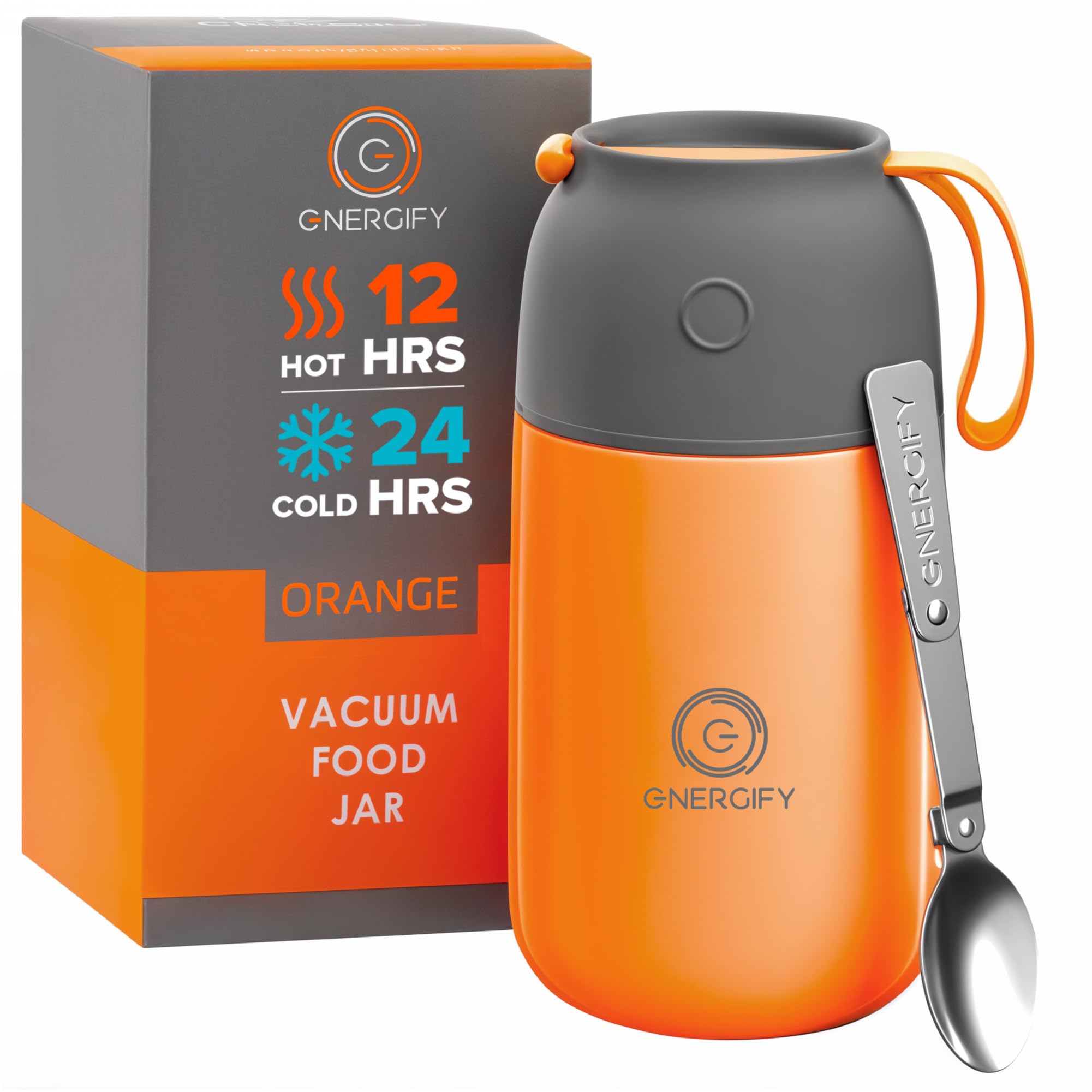 Vacuum Insulated Food Jar. Large 24oz Bowl incl. Folding Spoon, Cup. Wide Mouth Keep Hot & Cold Drinks Soup Lunch Container for Adults. BPA-Free Stainless Steel, Leak Proof Orange