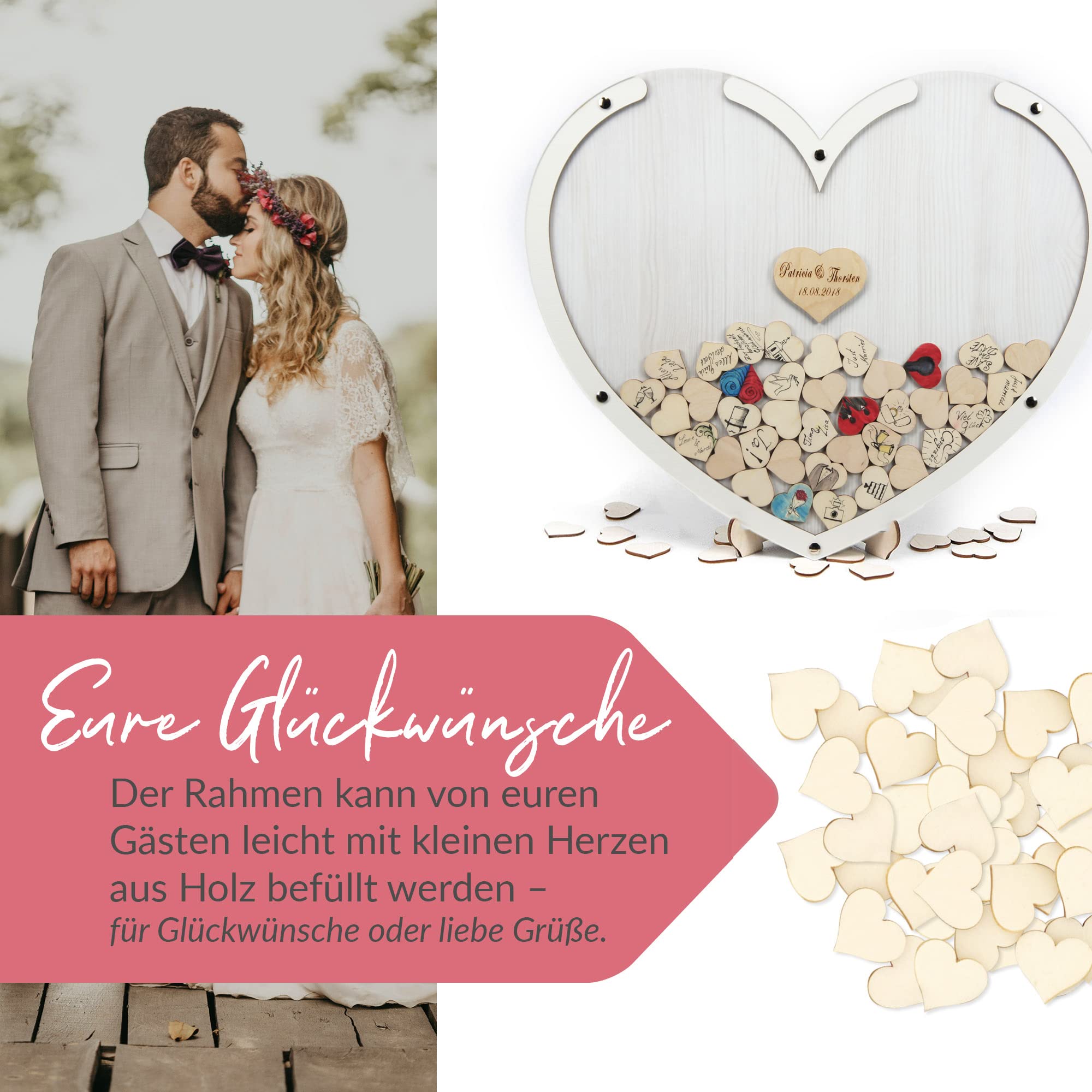 edles Hochzeitsgästebuch in Herzform, 100 Holz-Herzchen als Einwurfherzen - Personalisierbar mit Wunschgravur auf 10 cm Gravurherz (Dekor Eiche WEIß, L - 50 x 40 cm) Made in Germany