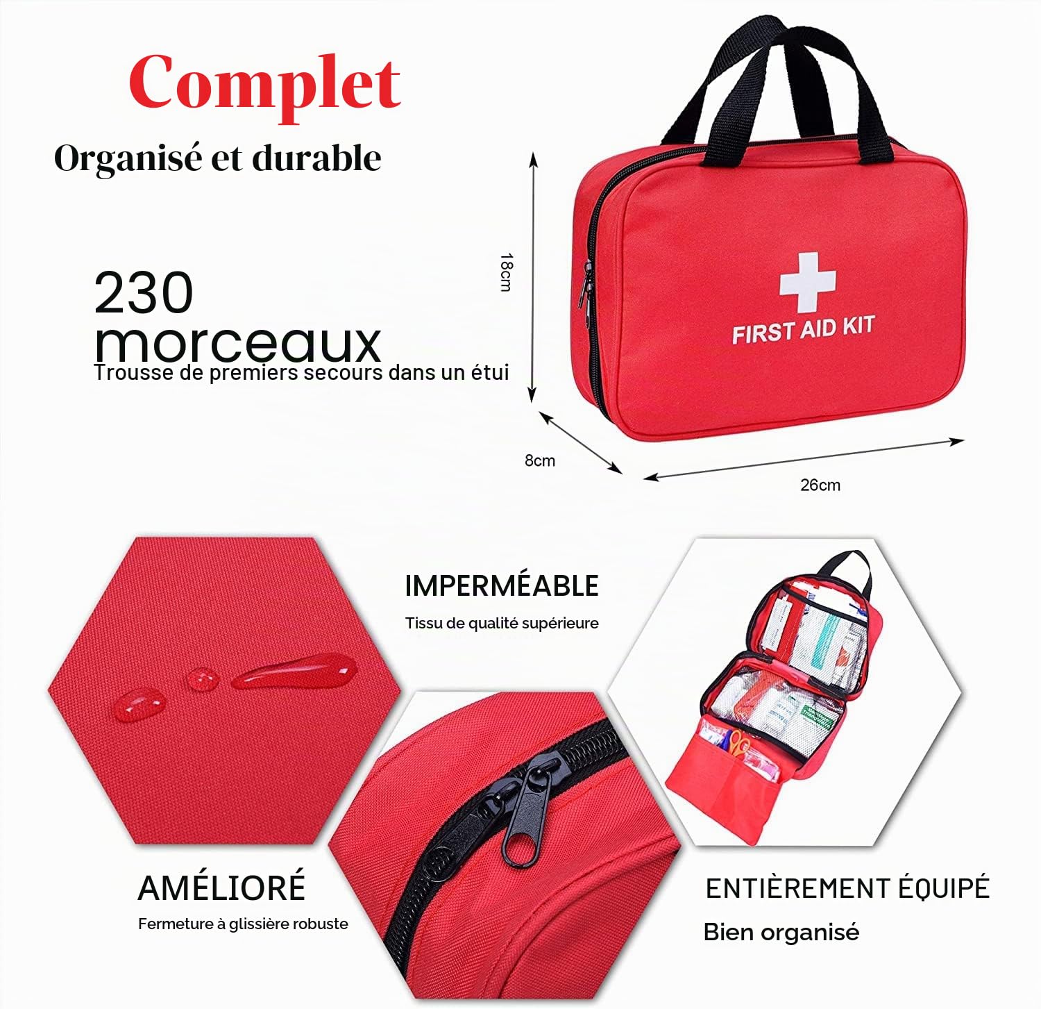 Trousse de Premier Secours 230 Pieces, Boite de d'urgence de Survie Exterieu Variete Complete pour Lieu de Travail, Maison, Voiture, Camping, Voyages, Sports Mini Boite Medical Aide d'urgence