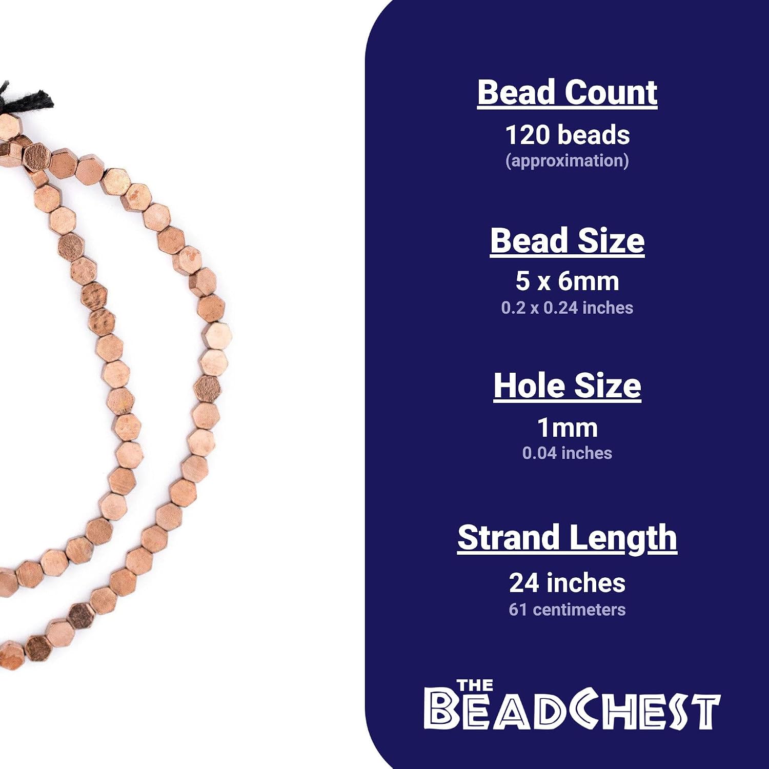 The Bead Chest Copper Hexagonal Beads 6mm, Full Strand of Quality Metal Spacers for DIY Jewelry Design