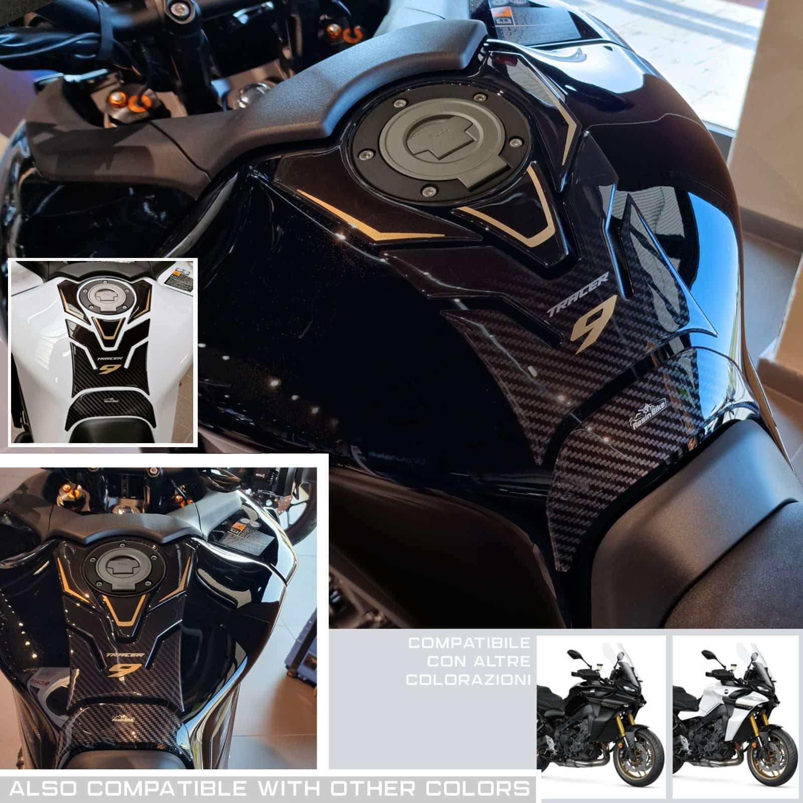 Resin Bike Adhesivos de Moto Compatibles con Yamaha Tracer 9-9 GT 2021-2026 Dorado. Protección del Tanque de Choques y Arañazos de Moto. Adhesivo 3D Resinado - Made in Italy