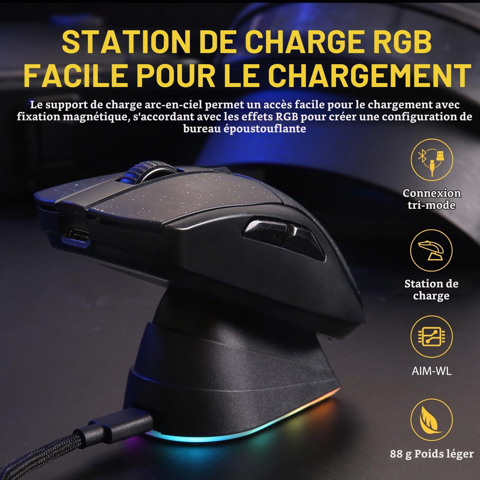 DAREU A950 Souris Gamer sans Fil RGB avec Station de Charge, Souris sans Fil 2.4G/Filaire/BT, 12K DPI, 1000 Hz, Programmable, 88g Léger, 120 Heures de Jeu avec Rétro-éclairage RGB pour PC Mac (Noir)