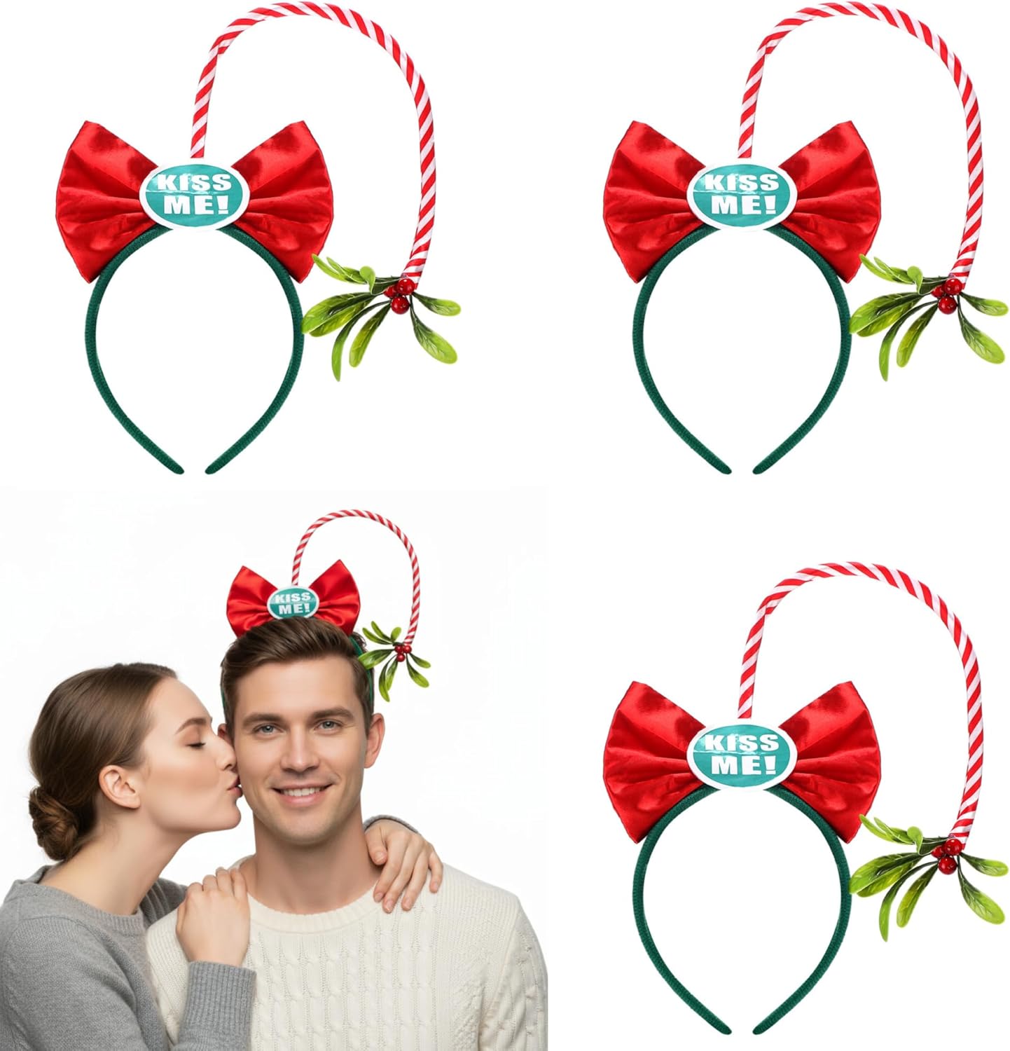 Zeyune 3 Pcs Mistletoe Headband Costume for Christmas Kiss Under The Mistletoe Hair Accessory White Elephant Gift 3 Kiss
