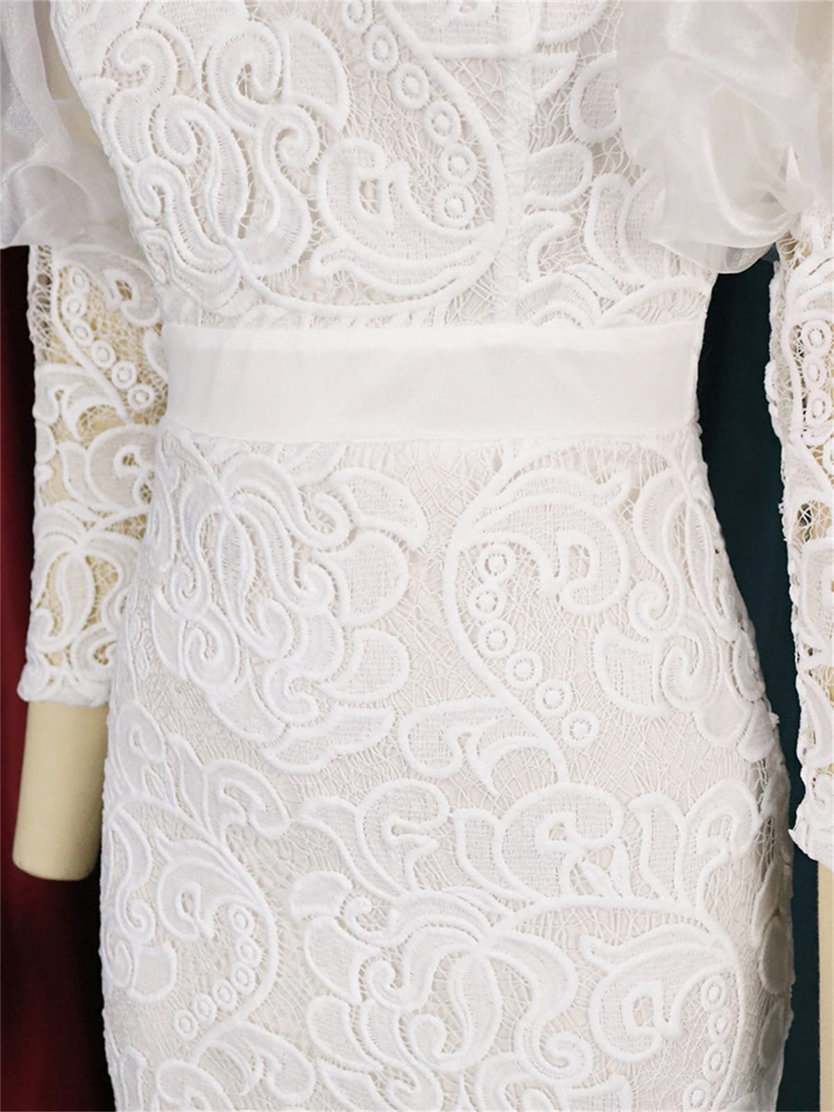 Abito da Donna in Pizzo Bianco Aderente Plus Size Abito a Tubino con Giunzione Solida a Maniche Lunghe per Cocktail Party di Matrimonio
