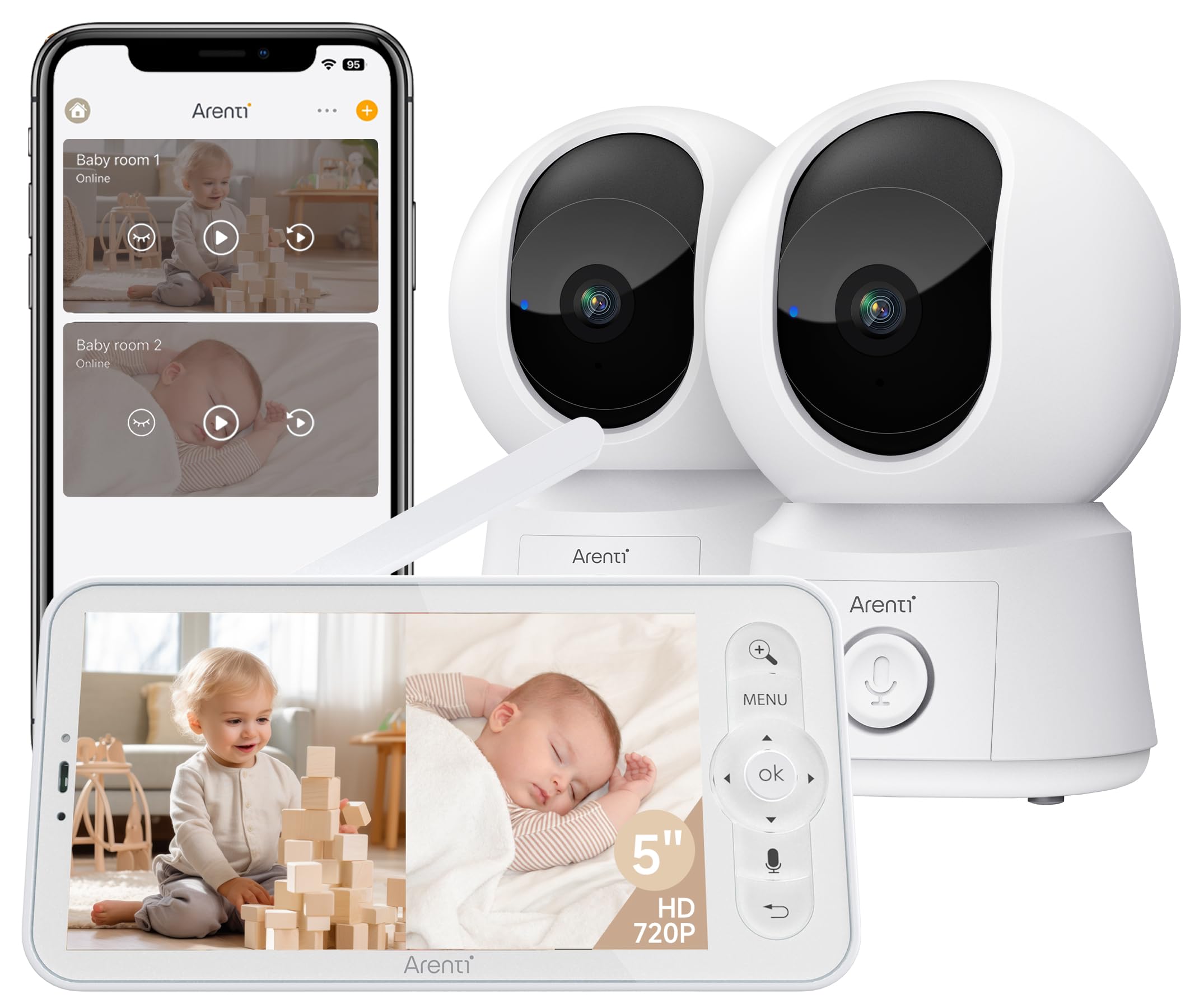 ARENTI Baby Monitor Video e Audio con 2 Telecamere 1080P, Monitor 5''