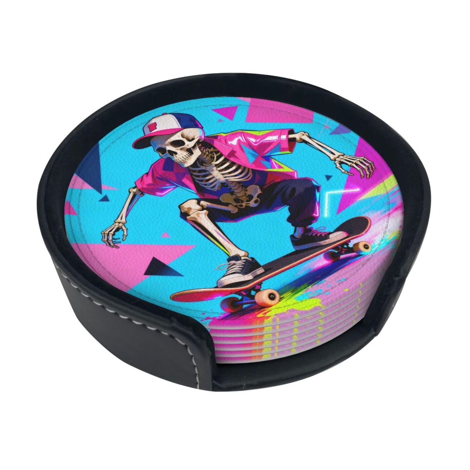 Cntdbu White Skateboard Skull Leather Coasters Set Of 6-Pu Leather Drink Mats For Table, Heat Resistant Round Coasters With Holder