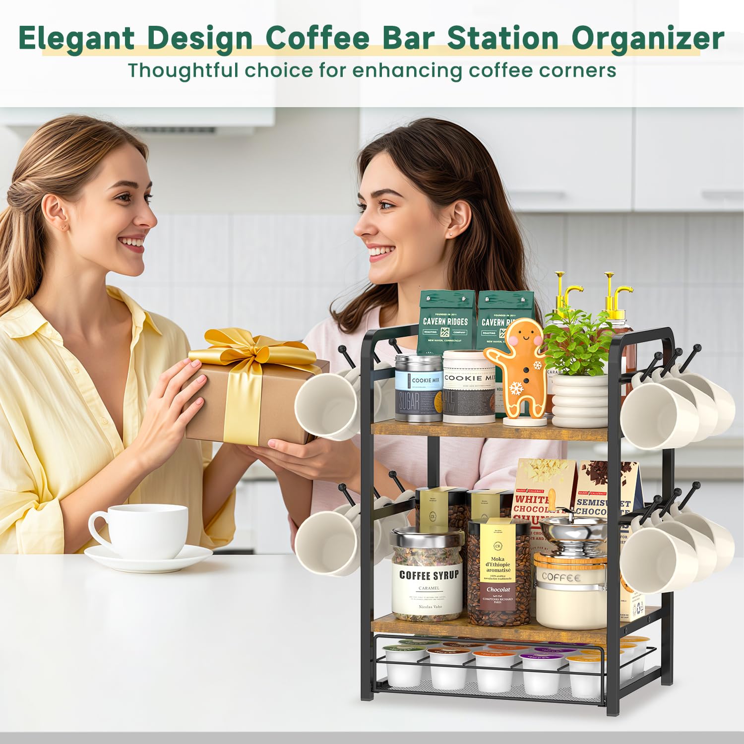 EsLuker.ly Organizer da bar con ripiano per tazze da lavoro, supporto per tazze da caffè a 3 livelli con 12 ganci per casa e ufficio, cassetto organizer per capsule K Cup, mantiene gli oggetti