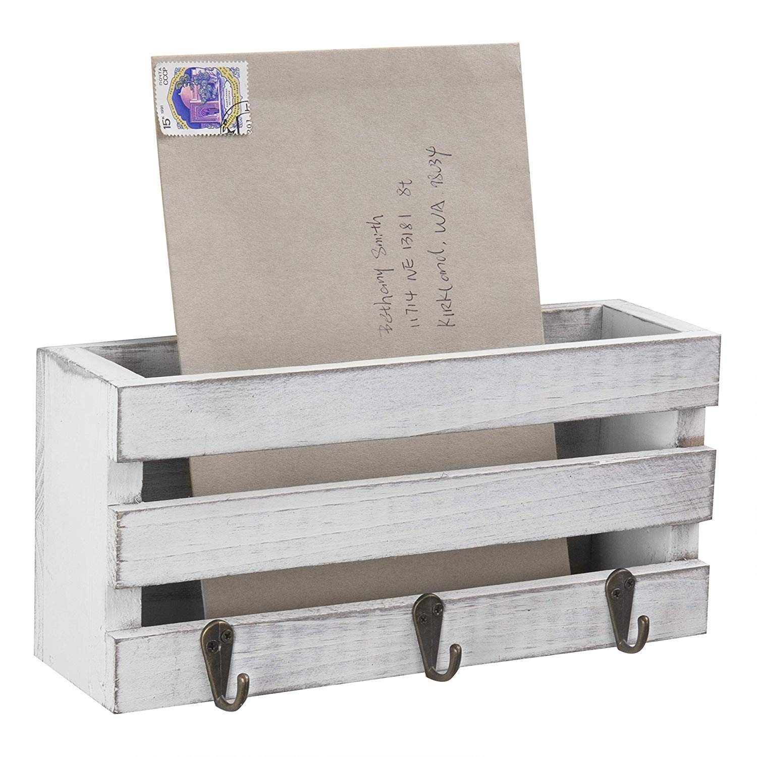 White Whale Wooden White Crate-Style Wall-Mounted Mail Sorter with 3 Key Hooks