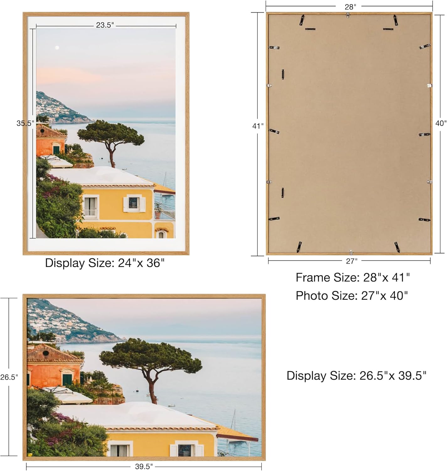 axeman 27x40 picture frame with mat for 24x36, solid oak wood poster frame with tempered glass for home decor, wooden 27''x40'' minimalist photo frame movie poster frame with wall hooks, natural pack of 1 natural oak 27x40 real glass