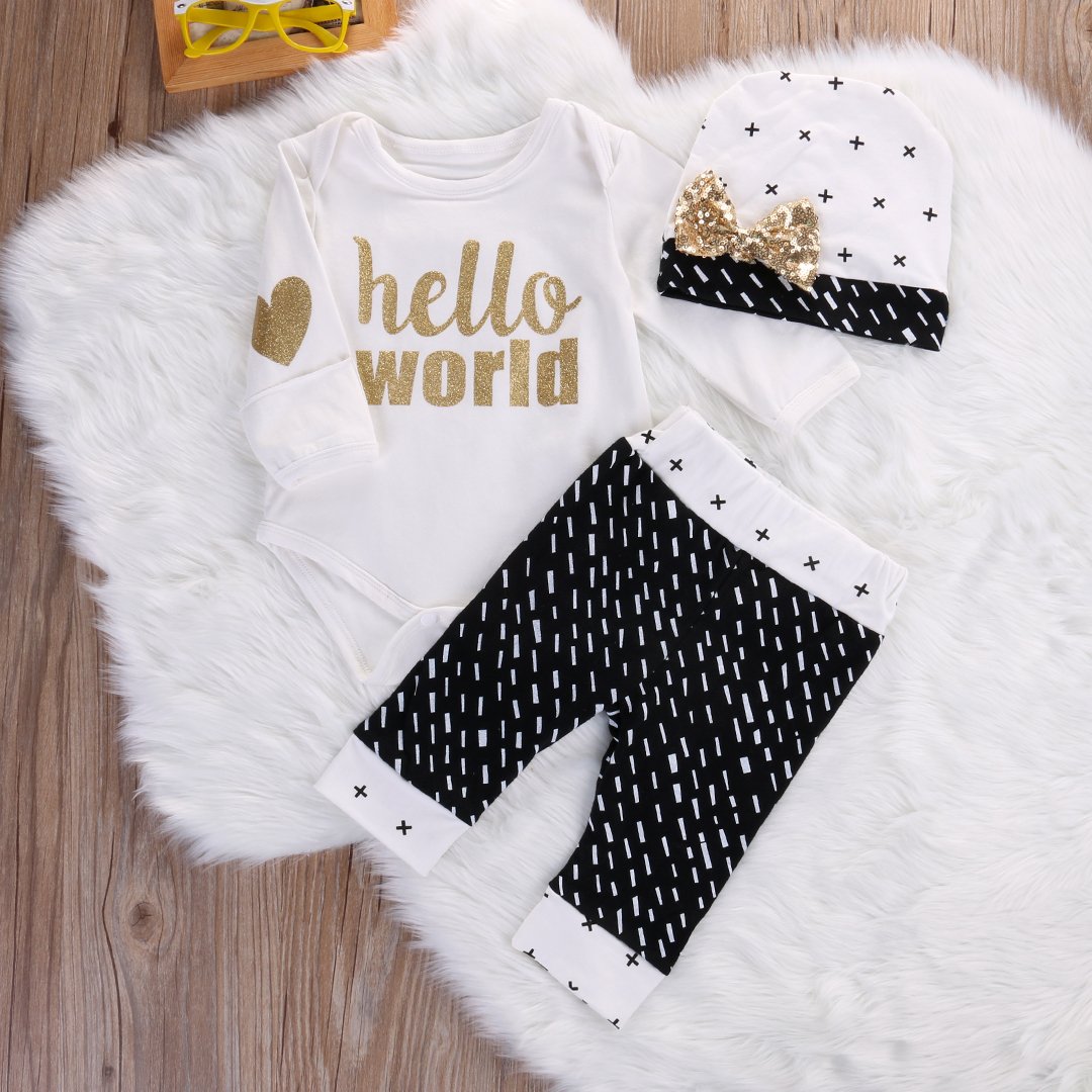 Newborn Baby Girl Boy Top Romper+Pants Leggings Hat Outfits Set (6-12 Months, White&Black)